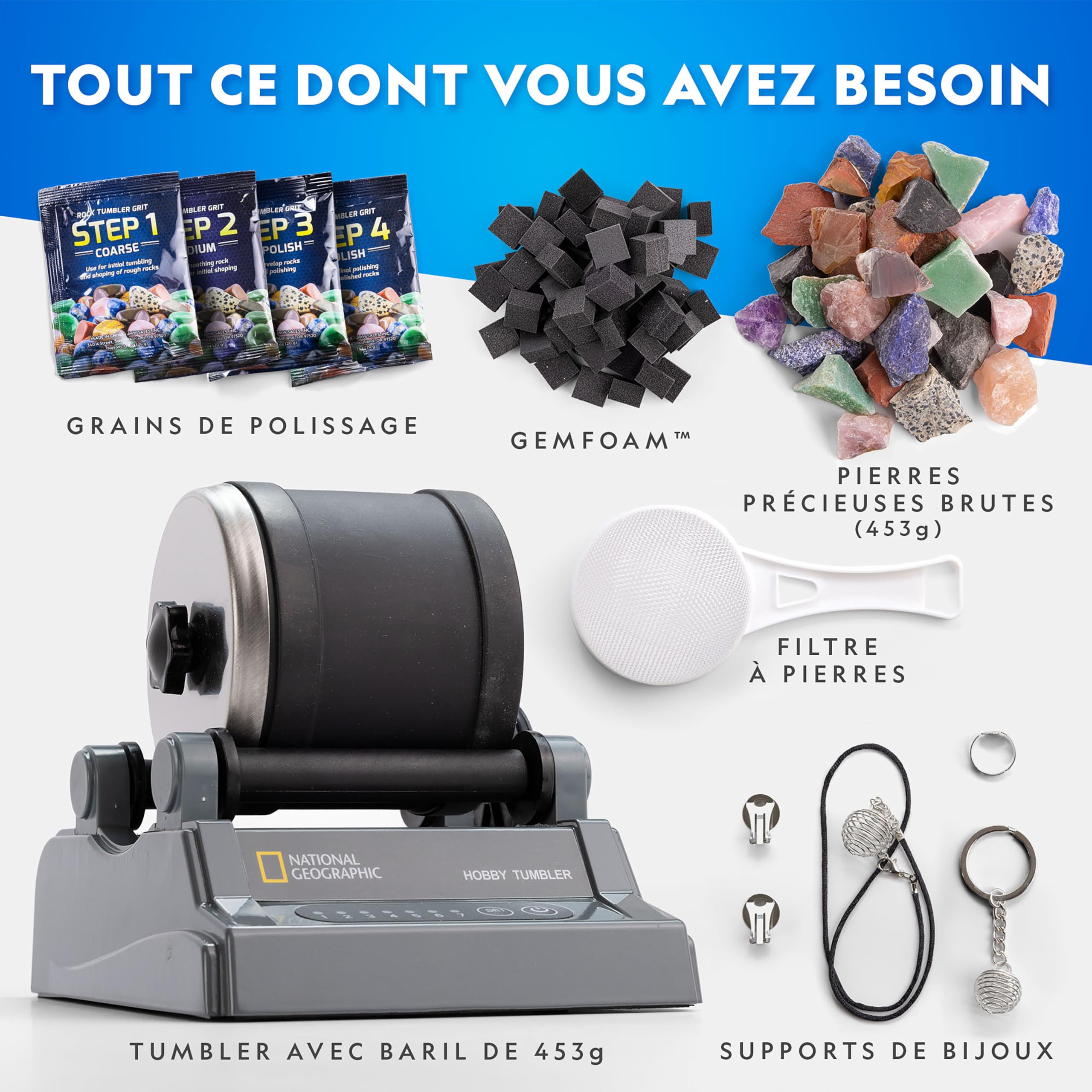 National Geographic Tonneau de Polissage de Pierres – Kit d’Initiation avec Minuterie 7 Jours, Appareil étanche, Activité Géologique pour Enfants, Jouet Scientifique éducatif