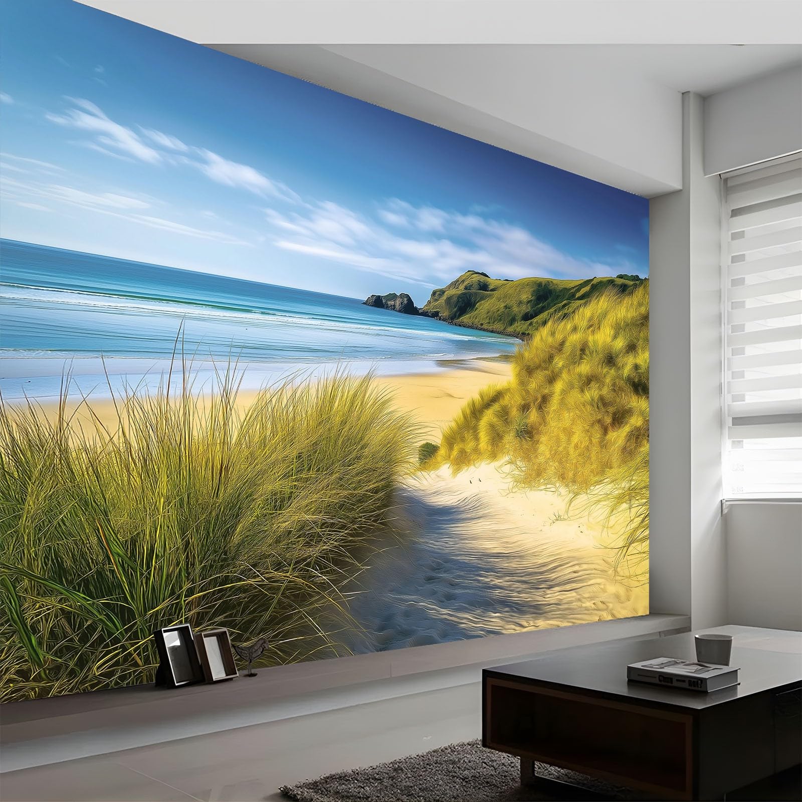 Wallpaper Mural Natural Scenery Art Poster Backdrop for Living Room Bedroom Garden Wall Decor Blue Sky Ocean Beach Green Grass Backdrop Aesthetic Mural for Bedroom - 350 x 256 cm