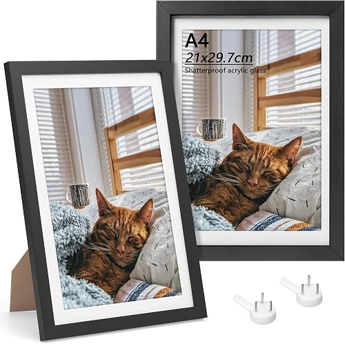 Zestaw 2 Ramek na Zdjęcia A4 Czarnych 29,7x21 cm, Ramka na certyfikat, Ramka na Stół i na Ścianę, Pionowo i Poziomo, z MDF i Akrylu Nielamliwa dla Certyfikatów, Dyplomów, Dekoracji Domu i Biura