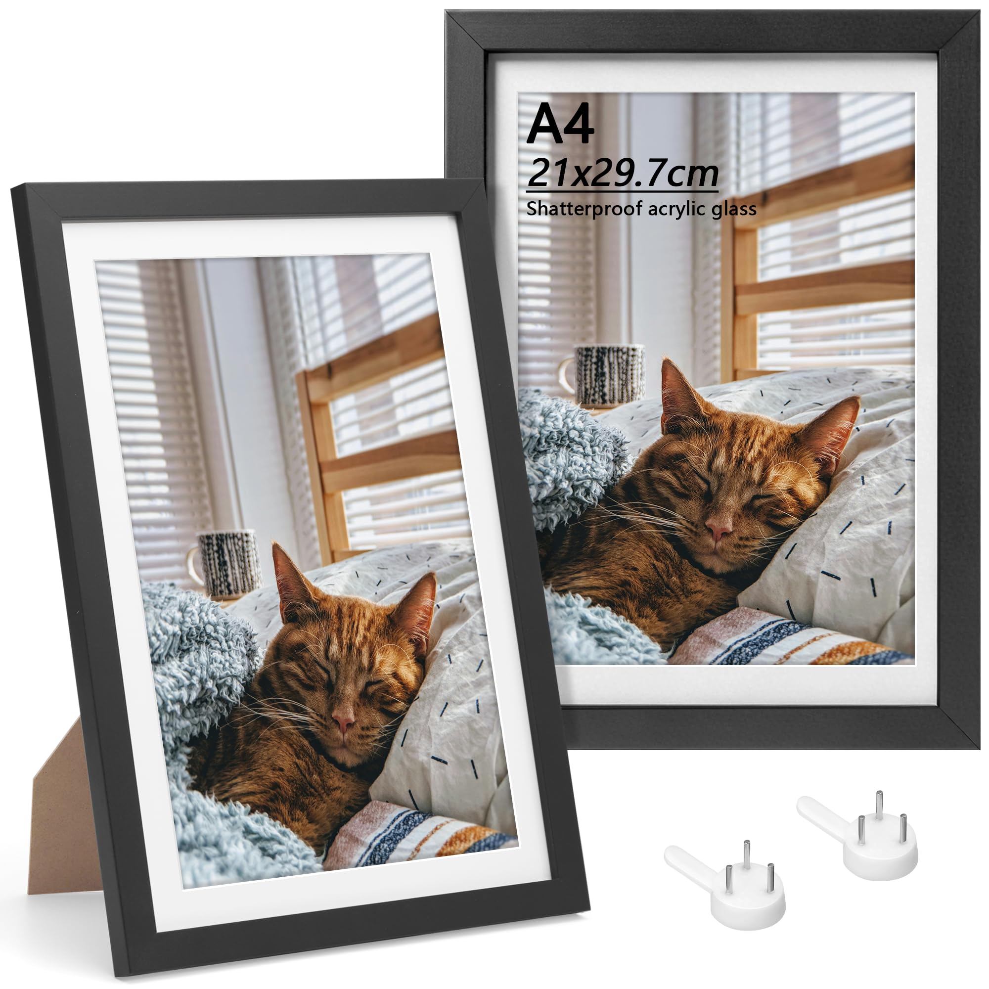 Set de 2 Marcos de Fotos A4 Negros 29,7x21 cm, Marco para certificado, Marco de Foto de Mesa y Pared, en MDF y Acrílico Irrompible para Certificados, Diplomas, Decoración Casa y Oficina