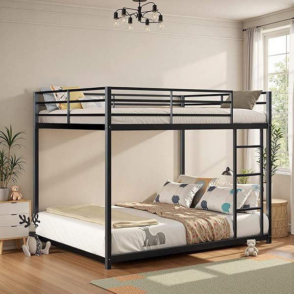 INCLAKE Full Over Full Bunk Bed, Heavy Duty Metal Bunk Bed Frame with Built-in Ladder and Safety Guard Rail, Low Bunk Bed for Teens Adults, Noisy Free & No Box Spring Needed, Black