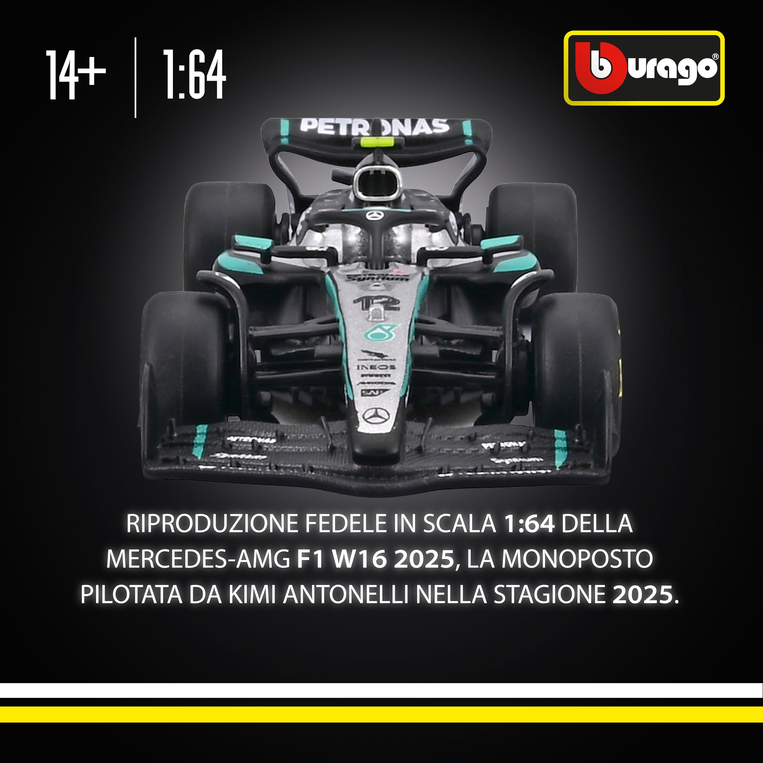 Bburago F1 Mercedes-AMG W16 2025 #12 Antonelli Diecast Model 1:64 Replica Monoposto Formula 1