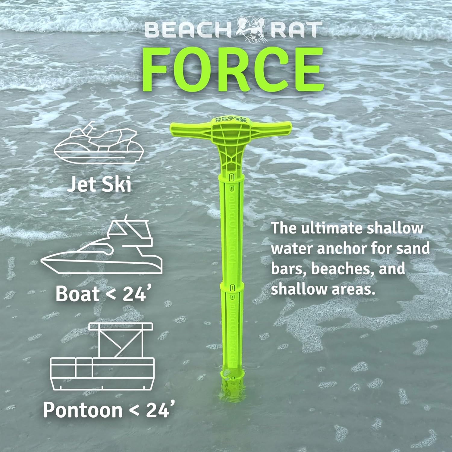 Beach Rat Force Anchor & Storage Bag - 4ft Jet Ski Anchor/Boat Anchor/Kayak Anchor for Shallow Water and Sandbar - High Strength Plastic Pole Boat Accessory - Sand Bar Anchor Kit Case