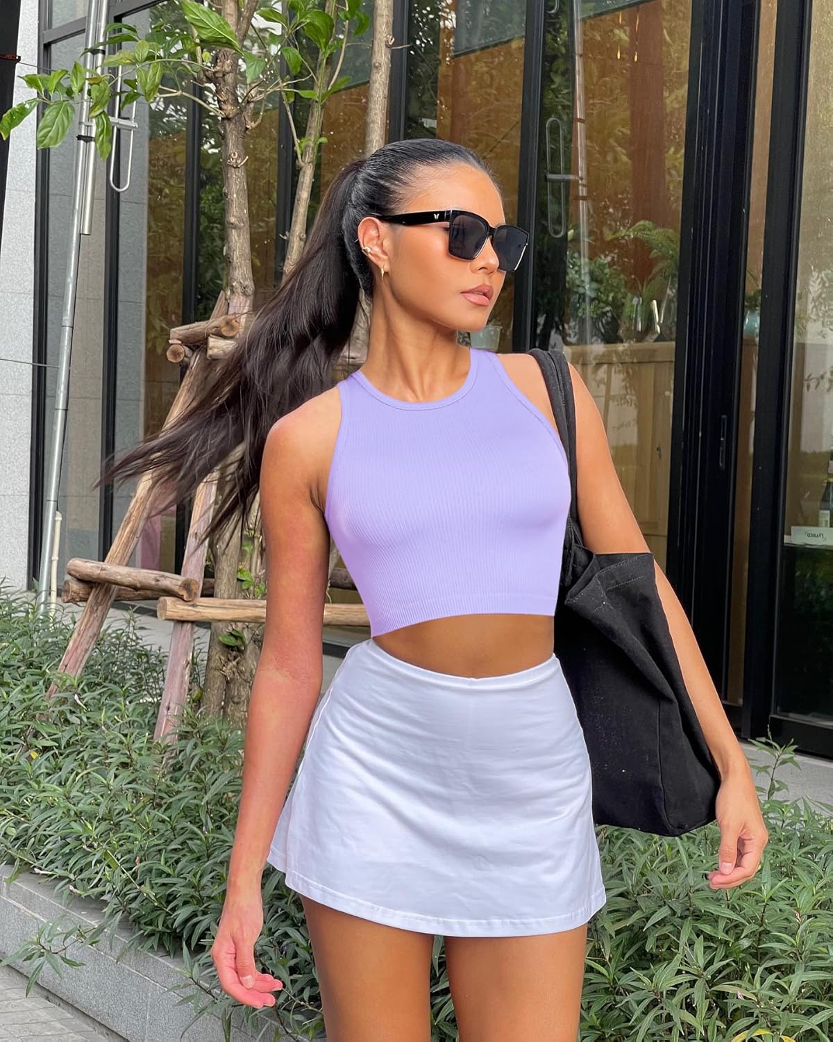 OLCHEE Womens 3 Pack Crop Tank Tops Basic Seamless Ribbed Round High Neck Racerback Workout Top Summer Causal Yoga Gym Shirts - Image 2