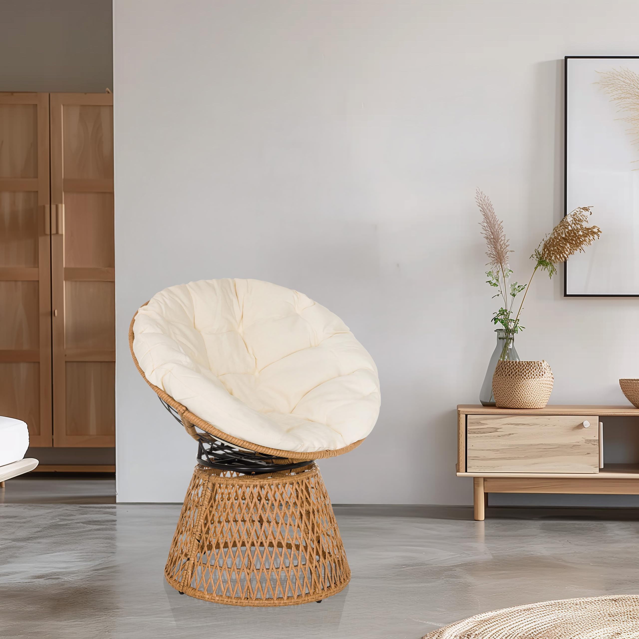 Sillón Papasan con cojín, sillón Giratorio de Exterior WEAVORA sillón de ratán Giratorio 360° para jardín balcón salón, Beige