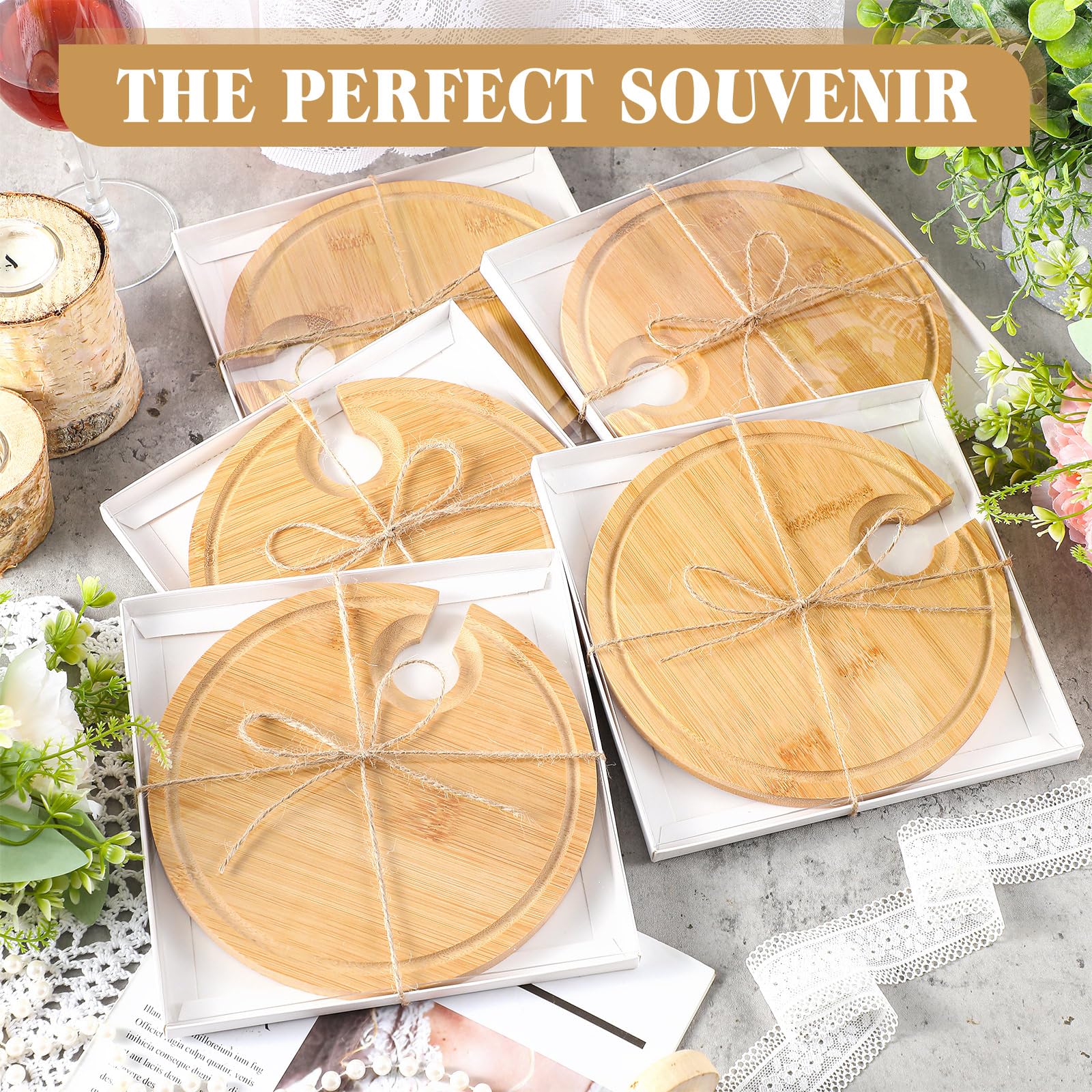 Menkxi 6er-Set Wein-Vorspeisenteller, Mini-Charcuterie-Bretter mit Glashalter und Box, Geschenke für Brautparty, Spielpreise, Cocktail-Käseteller aus Holz für Gäste, Babyparty (rund, helle Farbe)