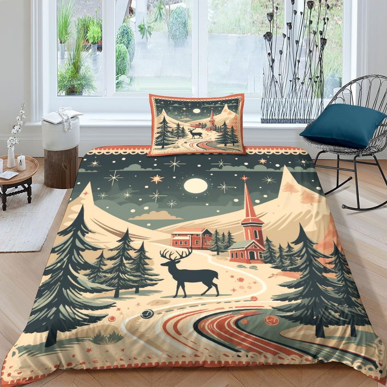 Housse de couette avec fermeture à glissière lit simple imprimé Noël vintage