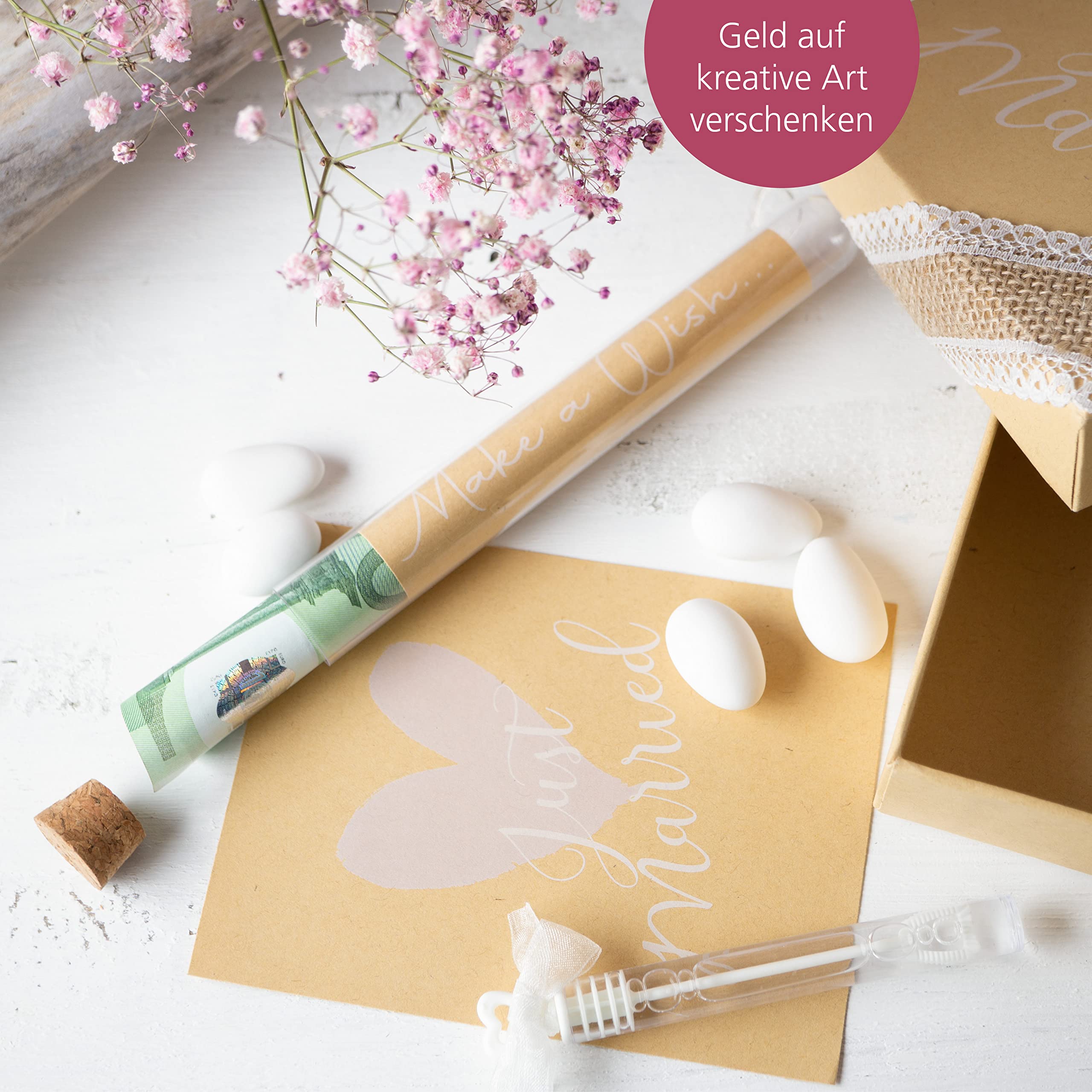 WeddingTree Pudełko na prezent, prezent pieniężny, prezent ślubny, prezent dla młodej pary, opakowanie z probówką, kartą ślubną i baniekami mydlanymi, pudełko na prezent ślubny