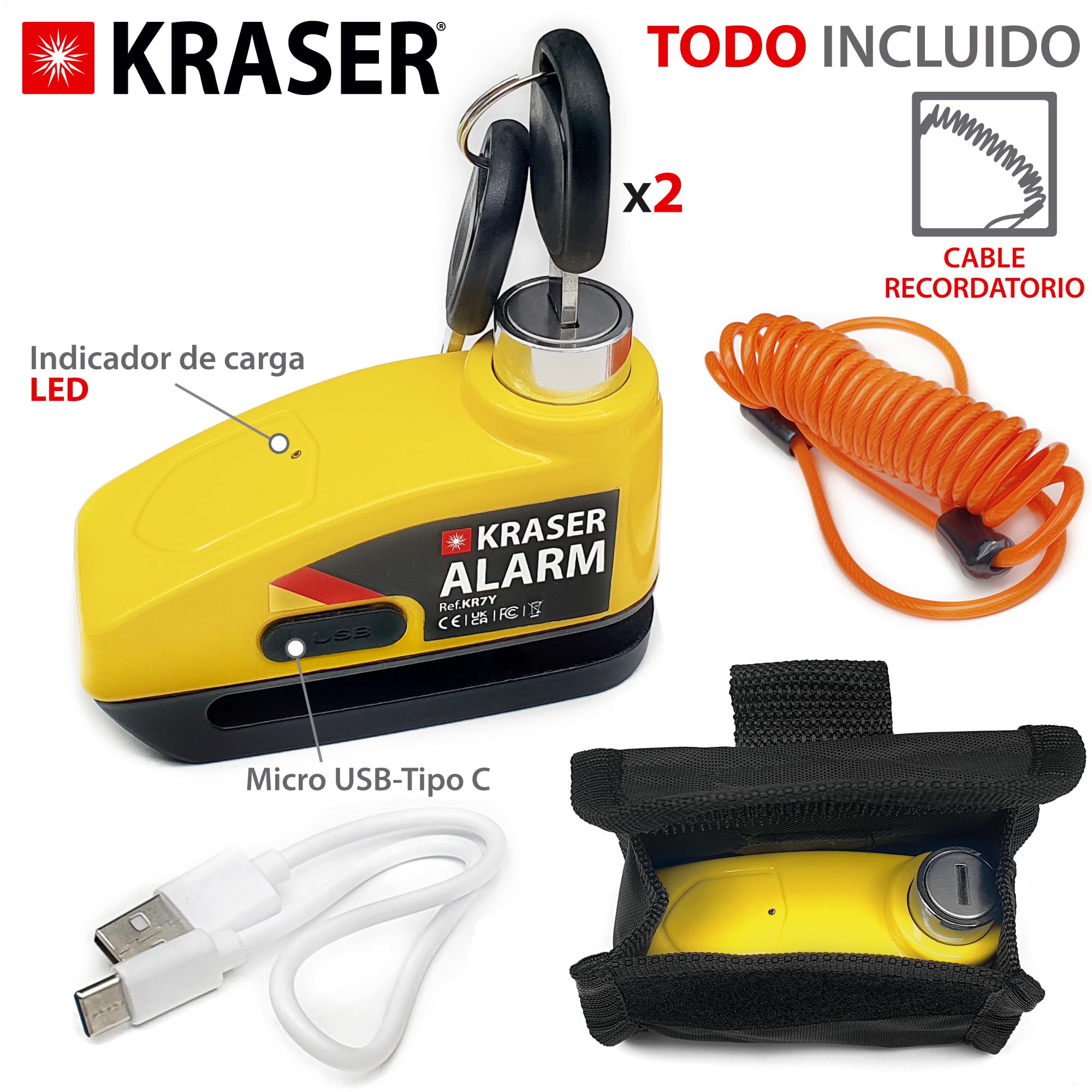 KRASER KR7Y Candado Disco Moto con Alarma 110dB Batería Recargable USB, Sensor de Movimiento, Impermeable Resistente Visible, Antirrobo Cepo Pinza Freno Bloqueo 7mm Universal, Amarillo
