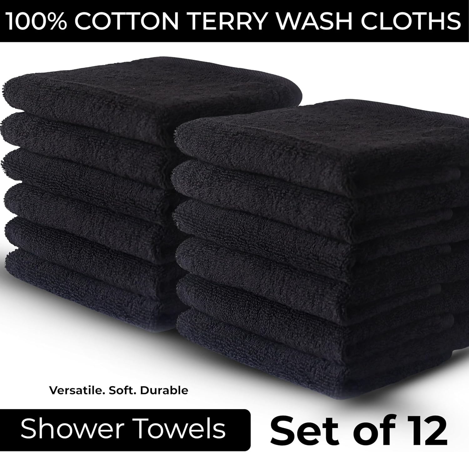 Thick Black 100% Cotton Wash Cloths for Showering Body and Face - 12"X12" 12 Pack Washcloths - Small Terry Towel Bath Rags for Adults and Kids Bathroom - Soft Absorbent