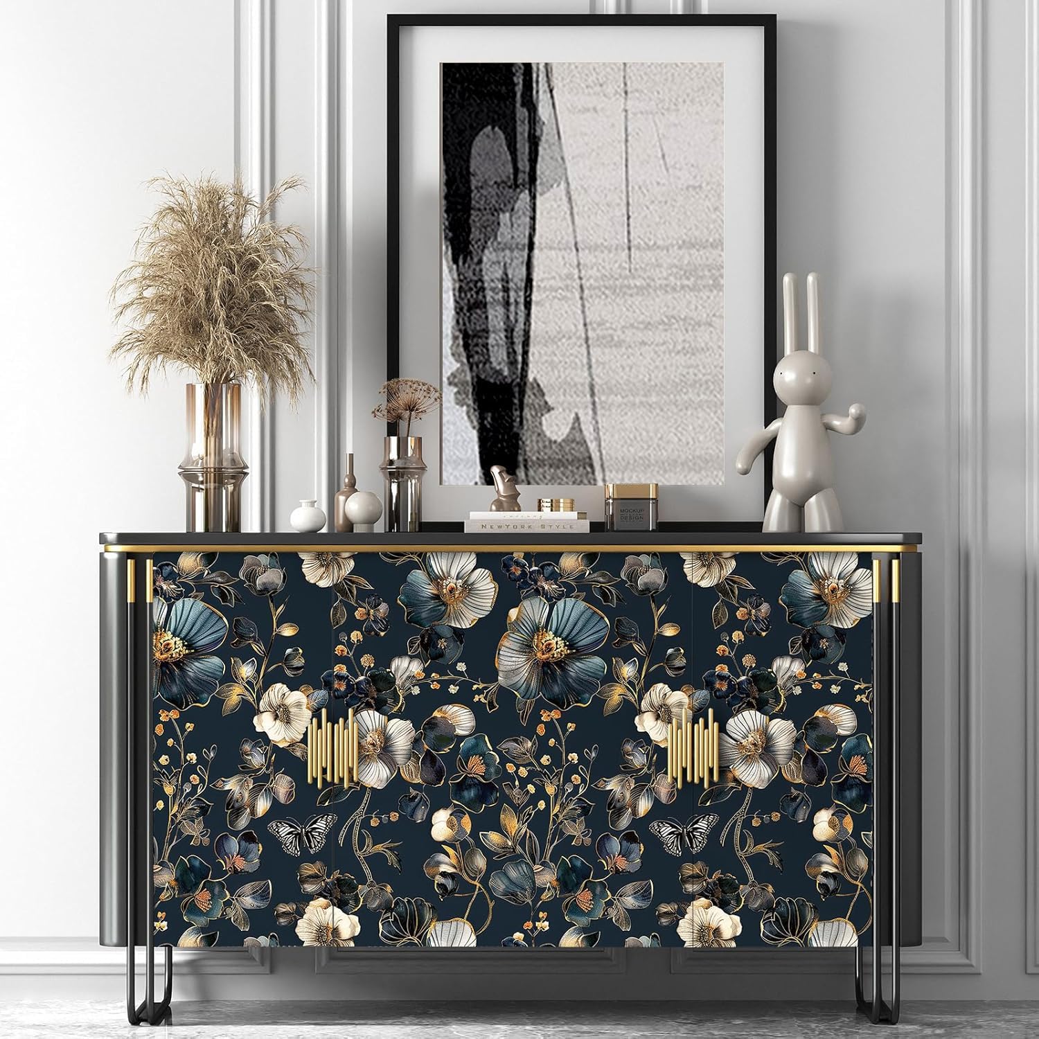 Livelynine 17.5x591 Navy Blue Flower Peel and Stick Wallpaper Vintage Dark Blue and Gold Floral Wallpaper Prepasted Elegant Modern Unique Metallic Gold Accents Kitchen Cabinet Contact Paper Drawer
