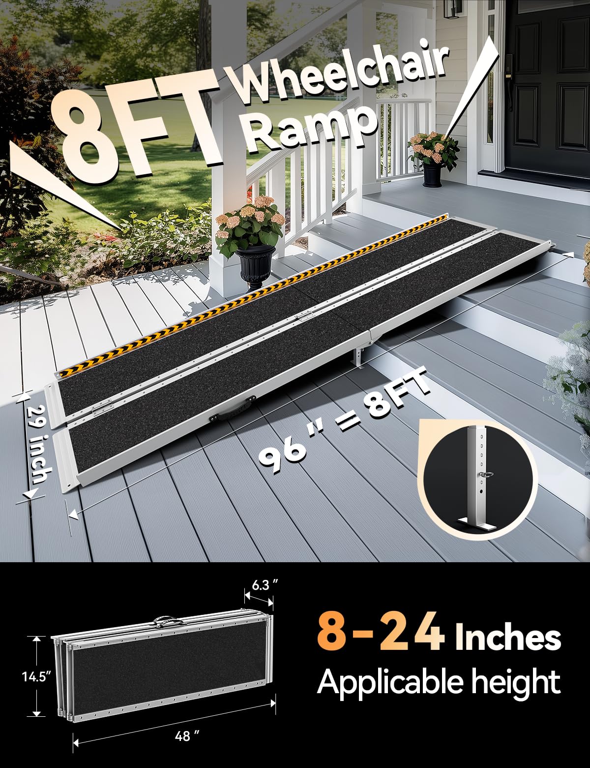 FACHNUO Rampa para sillas de ruedas, 243 cm, plegable, de aluminio, con patas de apoyo ajustables, capacidad de carga de 362 kg, antideslizante y portátil, rampa negra para escaleras bajas, peldaños
