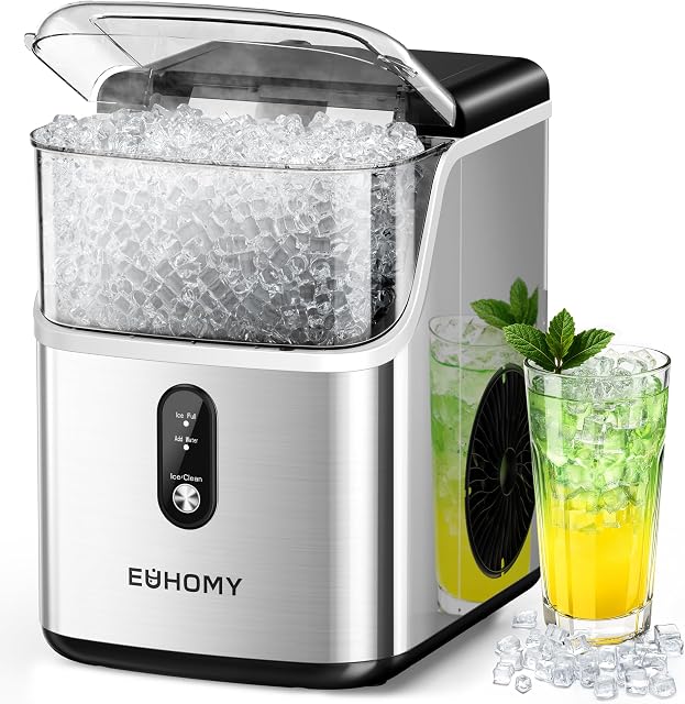 EUHOMY Nugget Machine à glaçons de comptoir, Pebble Ice Maker Machine avec 35lbs/24H Glace douce, auto-nettoyage Machine à glace sonique avec scoop de glace et panier pour la maison/cuisine/bureau (aciers inoxydables)