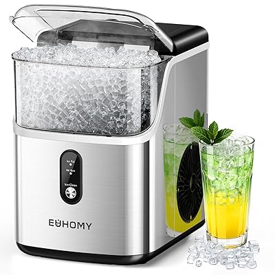 EUHOMY Nugget Ice Makers for Countertop with Ice Scoop & Basket, Self-Cleaning Sonic Pebble/Pellet Ice Maker Machine with 35lbs/24H Soft Ice for Home/Kitchen/Office, Stainless Steel, Silver