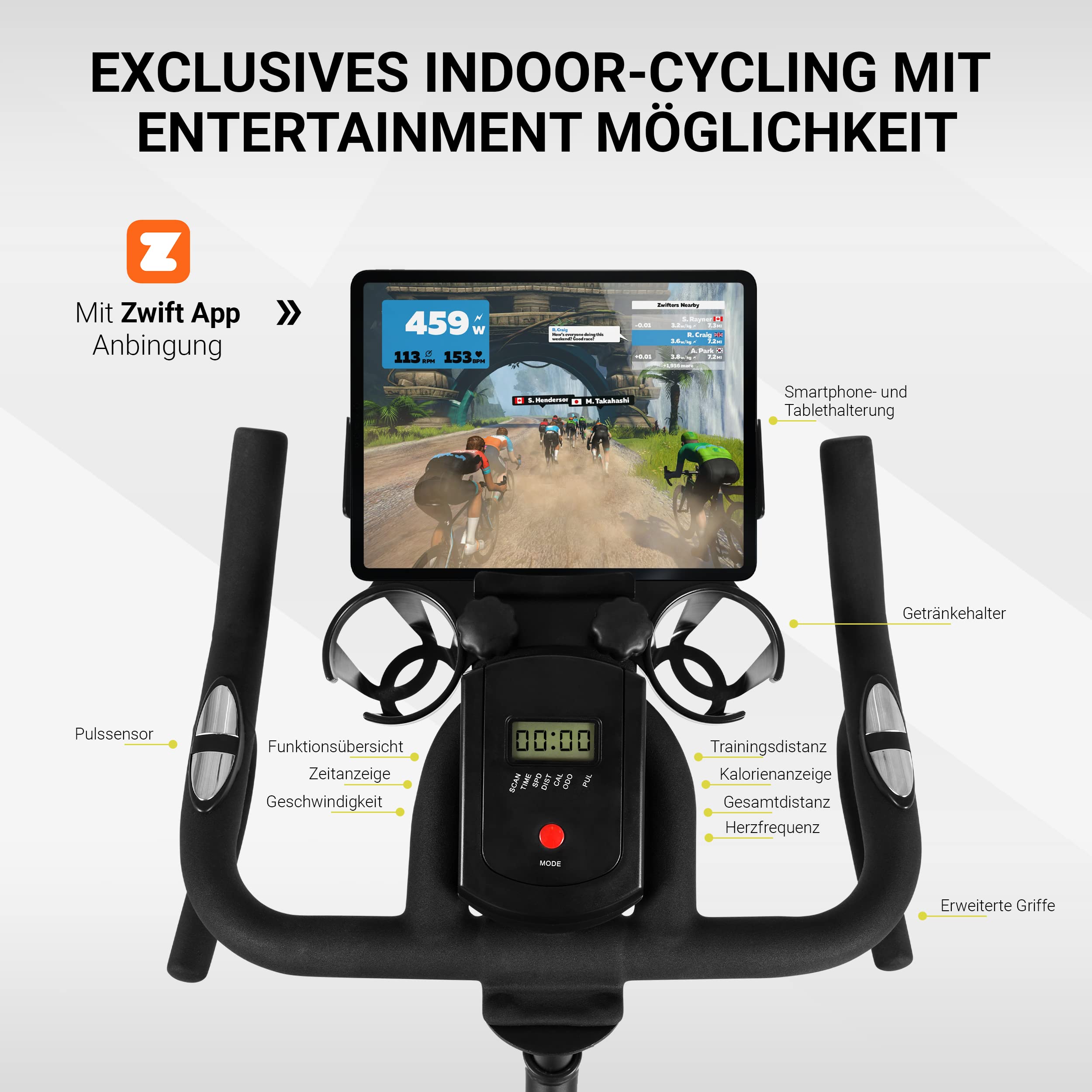 MSPORTS Cycling Bike Elite Black Series | Speed Bike da 20 kg | Ergometro - Cyclette con app Bluetooth e trasmissione a cinghia silenziosa | Fitness Cyclette