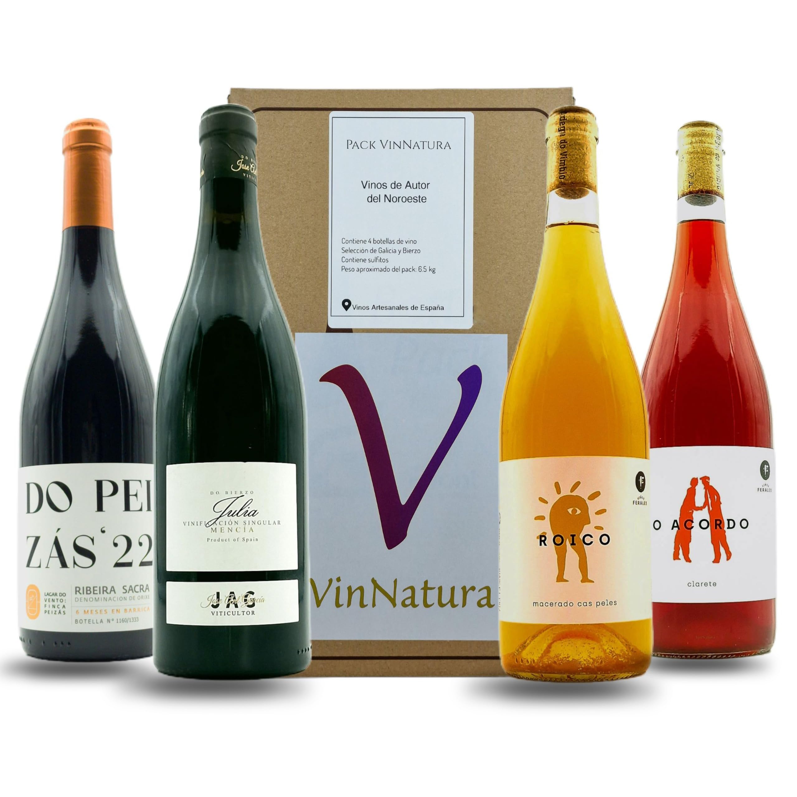 VinNatura Pack 4 Botellas de Vinos Artesanales de Autor del Noroeste | Selección de Galicia y Bierzo, edición limitada, mínima intervención, regalo para empresas y celebraciones