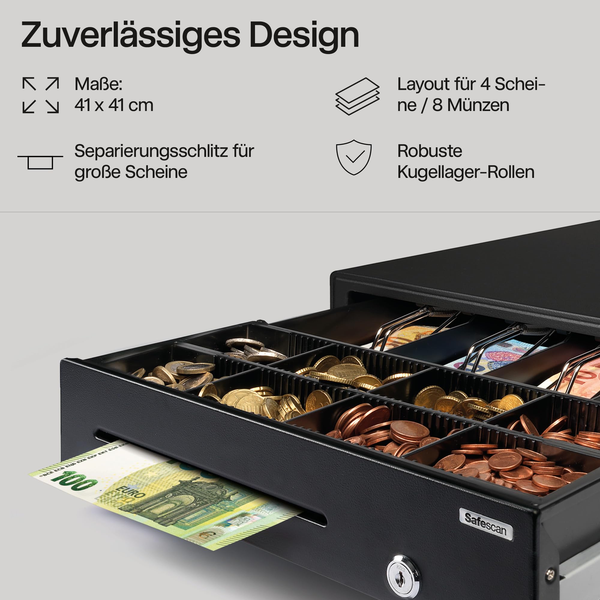 Safescan SD-4141 Standard-Duty Cash Drawer 4 Note 8 Coin Slots RJ-12 Connection 41x41.5x11.5 cm