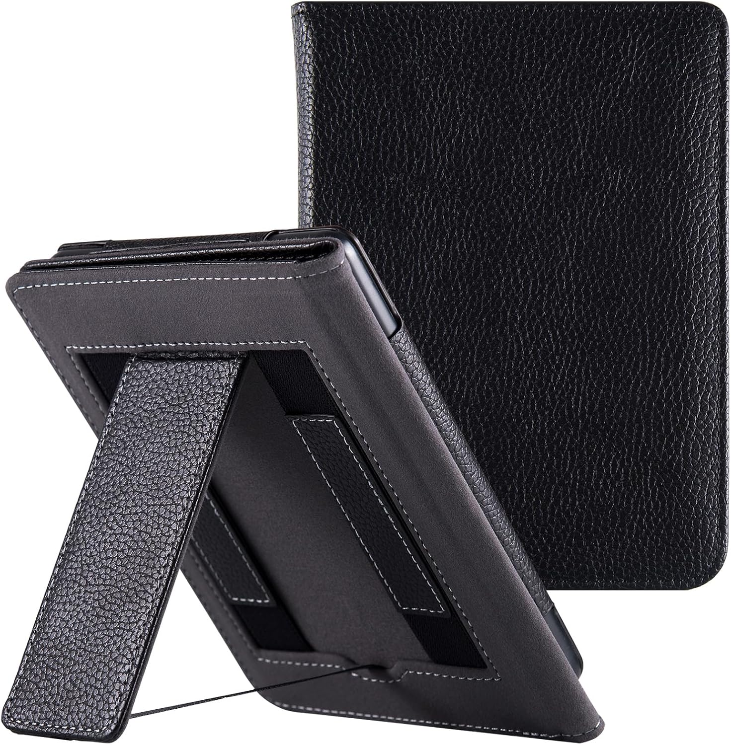 Stand Case for 6" Kobo Clara Colour (Model N367) / Clara BW (Model N365) / Clara 2E eReader - PU Leather Book Folio Sleeve Cover with Two Hand Straps and Auto Sleep/Wake (Classic Black)