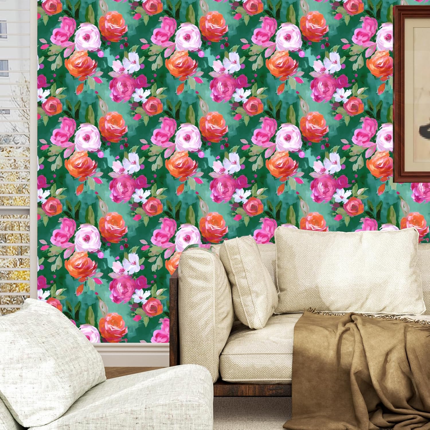 BOKEBEVE Extra Long Bright Wallpaper Stick and Peel Green Colorful Wall Paper Watercolor Wallpapers for Accent Wall Drawer Kitchen Walls Modern Removable Renter Friendly 17.5 x 393.5In