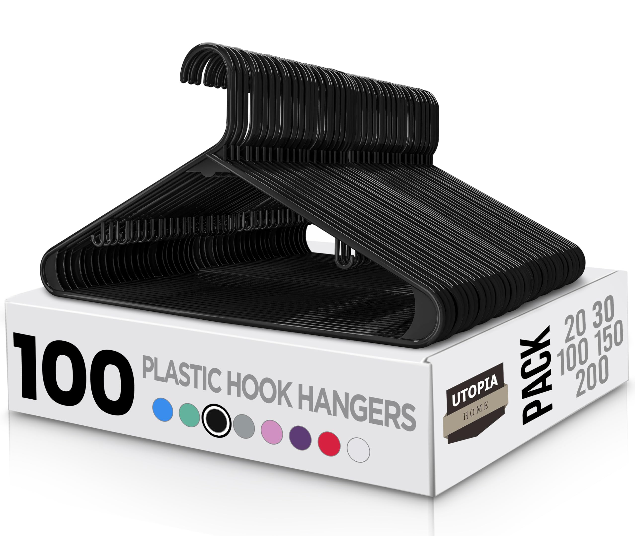 Utopia Home Plastic Hangers 100 Pack - Space Saving Clothes Hanger - Durable & Strong Closet Organizers and Storage with Built-in Strap Hooks - Essential for Shirts, Pants, Skirts & Coats (Black)