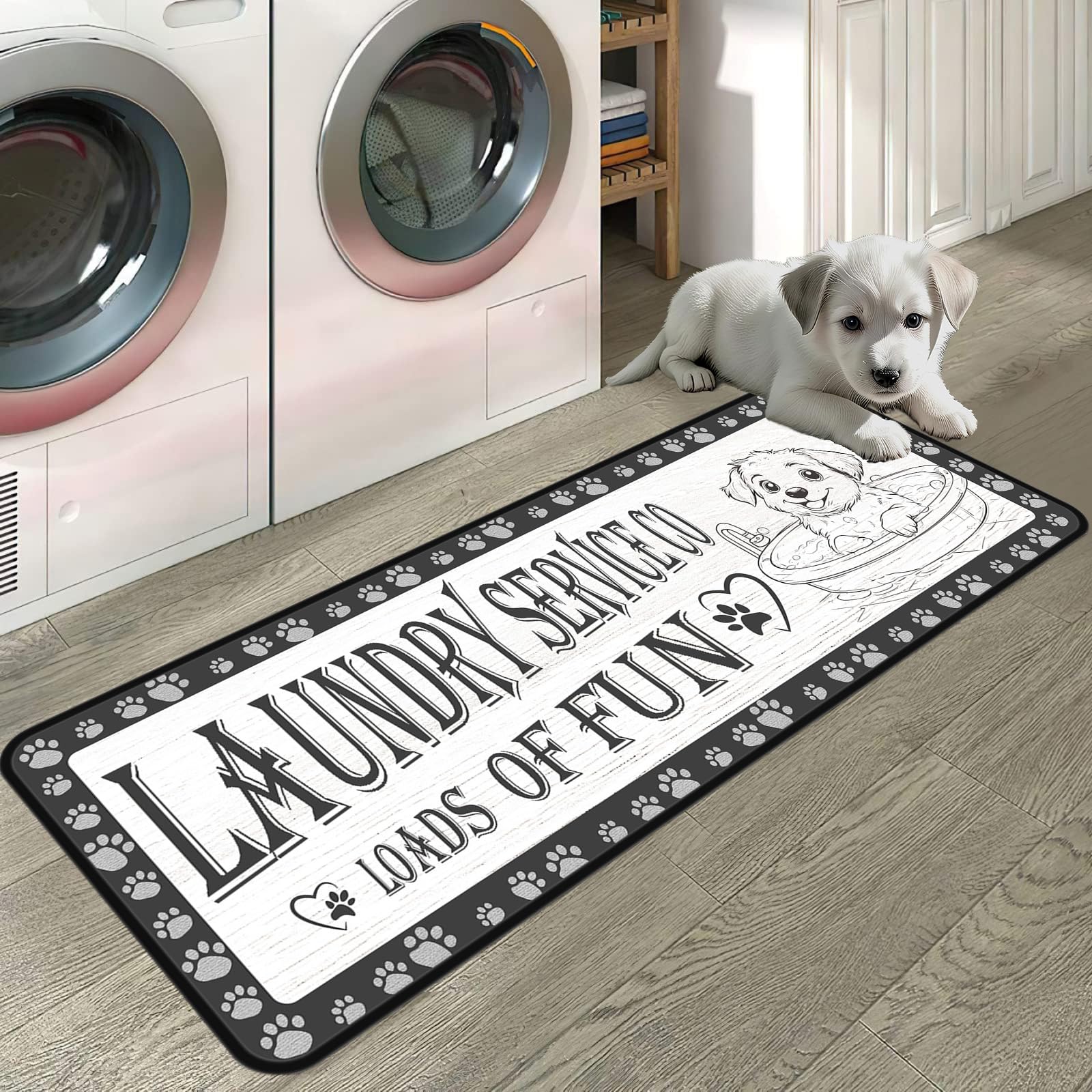 Dog Paw Laundry Room Rug Runner 20"x47" Gray, Non Slip Rubber Backing, Machine Washable Floor Mat for Laundry, Bathroom, Entryway, Mudroom