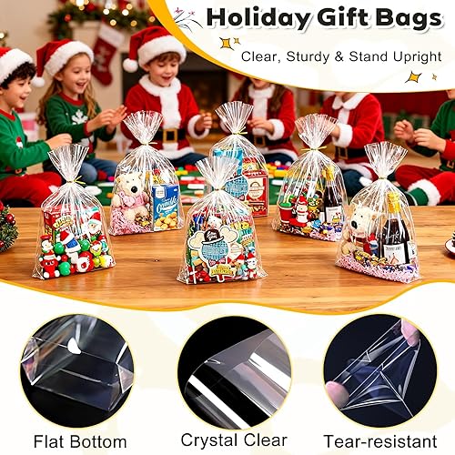 Miniatura 5 de PigPotParty 12 x 16 pulgadas, 100 bolsas de refuerzo inferior, bolsas de plástico transparente de celofán para regalo con 100 lazos giratorios