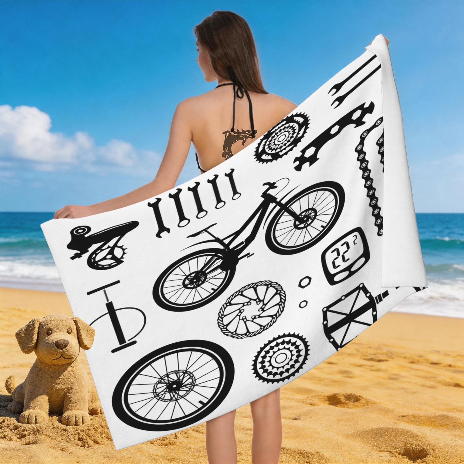 Leichong 3D Bicycles Beach Towel Microfiber Soft Quick Dry for Adults, Simple Themed Bath Towel Lightweight Soft Absorbent for Travel Swimming Pool Sports, 75 x 150 cm