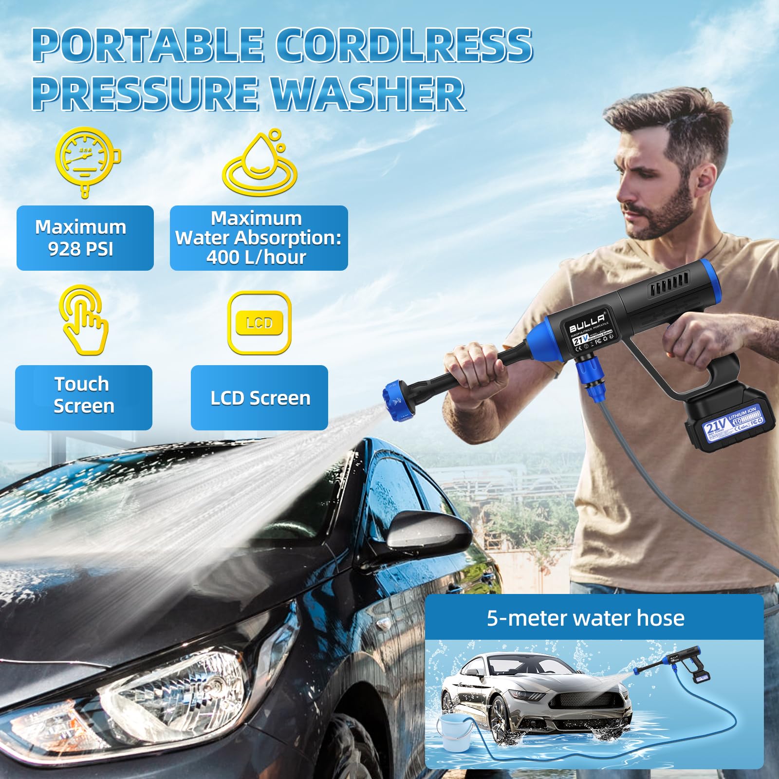 Idropulitrice a Batteria, Idropulitrice Portatile con 6 In 1 Ugello, idropulitrice senza fili ad alta pressione Con display LCD e regolazione touch a 30 livelli di pressione