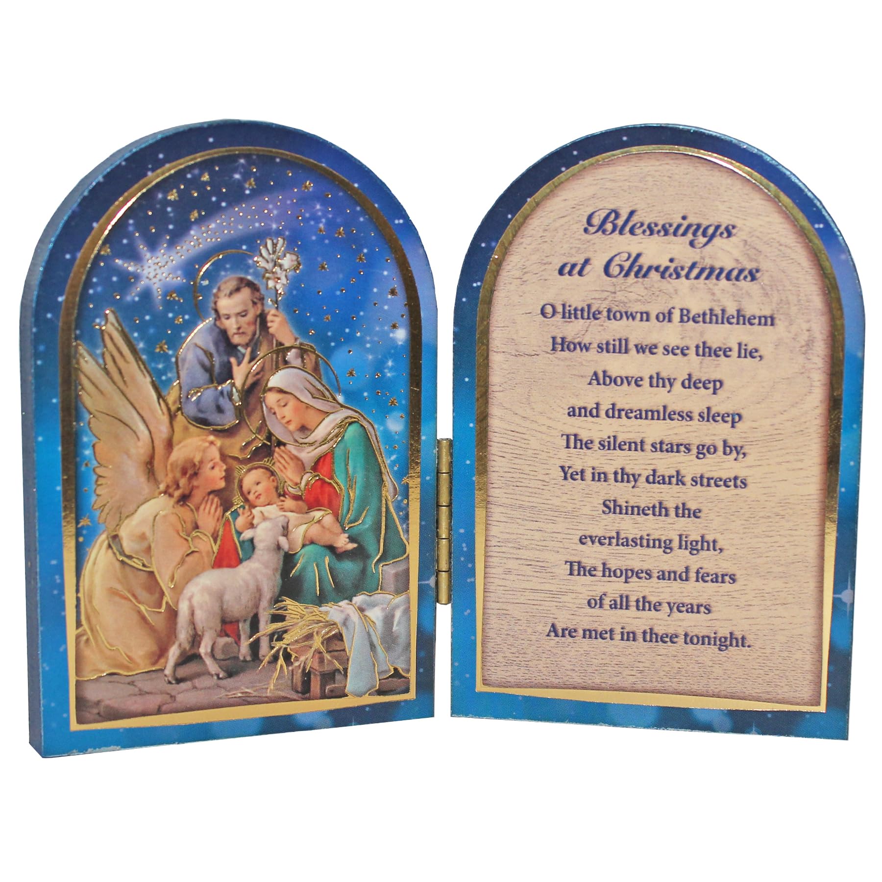 Cbc Distributors Blue Christmas Wooden Nativity Folding Plaque 9Cm - Gold Foil Detail