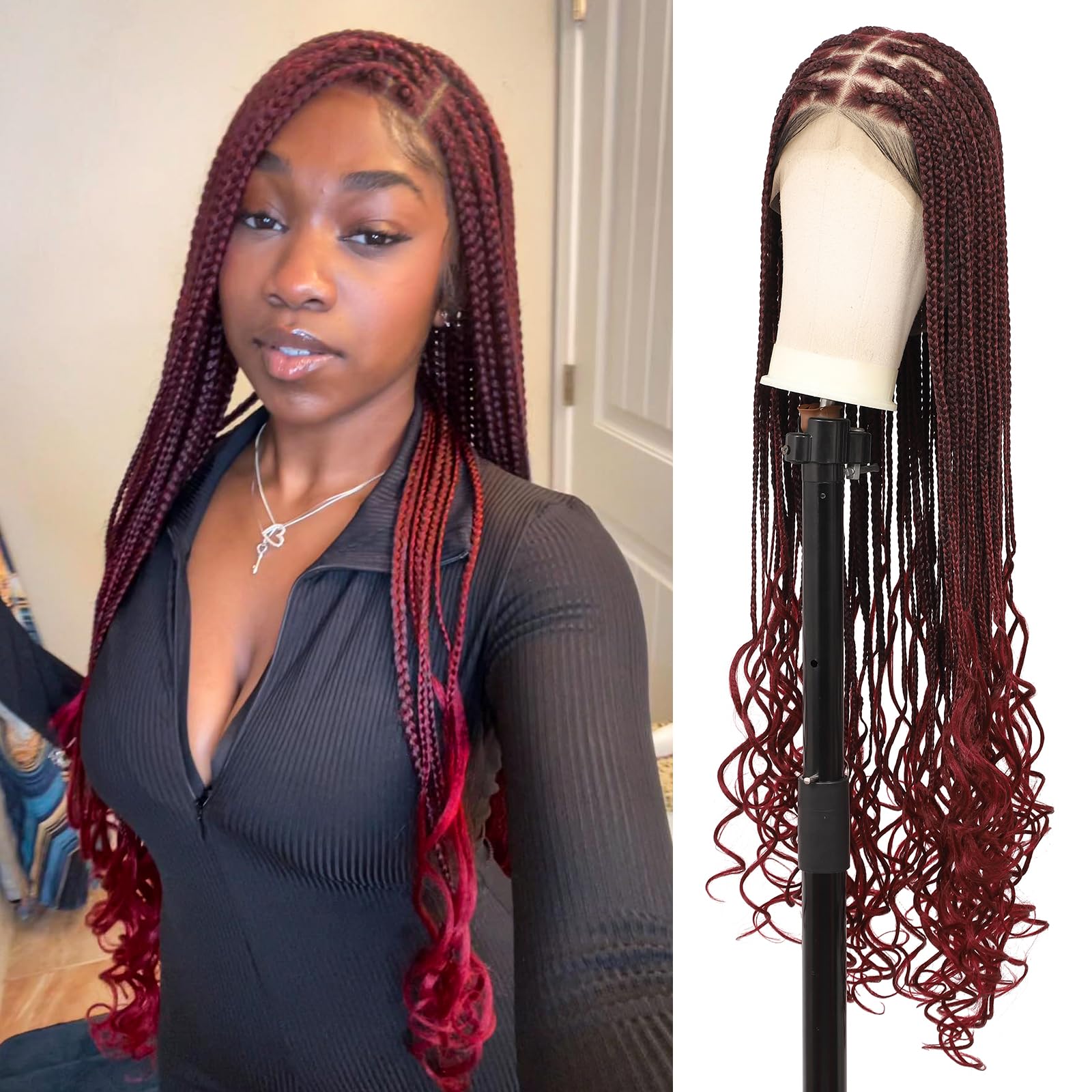 Youthfee 360° HD Full Lace Knotless Braided Wigs for Women with Boho Curly Ends Braided Lace Front Wigs with Baby Hair Premium Synthetic Burgundy