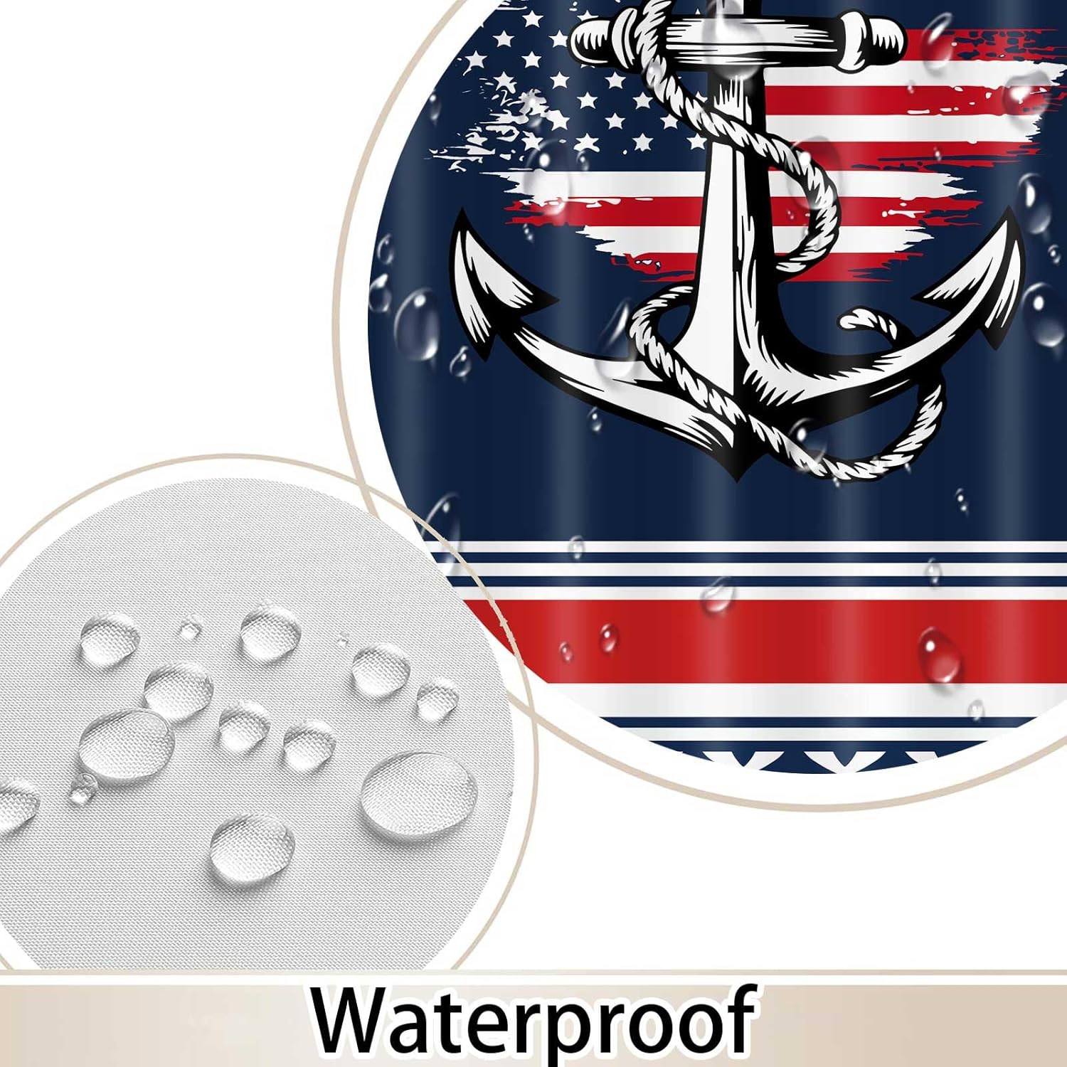 Nautical Anchor American Flag Shower Curtain, Navy Blue Strip Geometric Patriotic Bathroom Decor 72 x 72 Inch Polyester Fabric Waterproof Bath Curtain with 12 Hooks