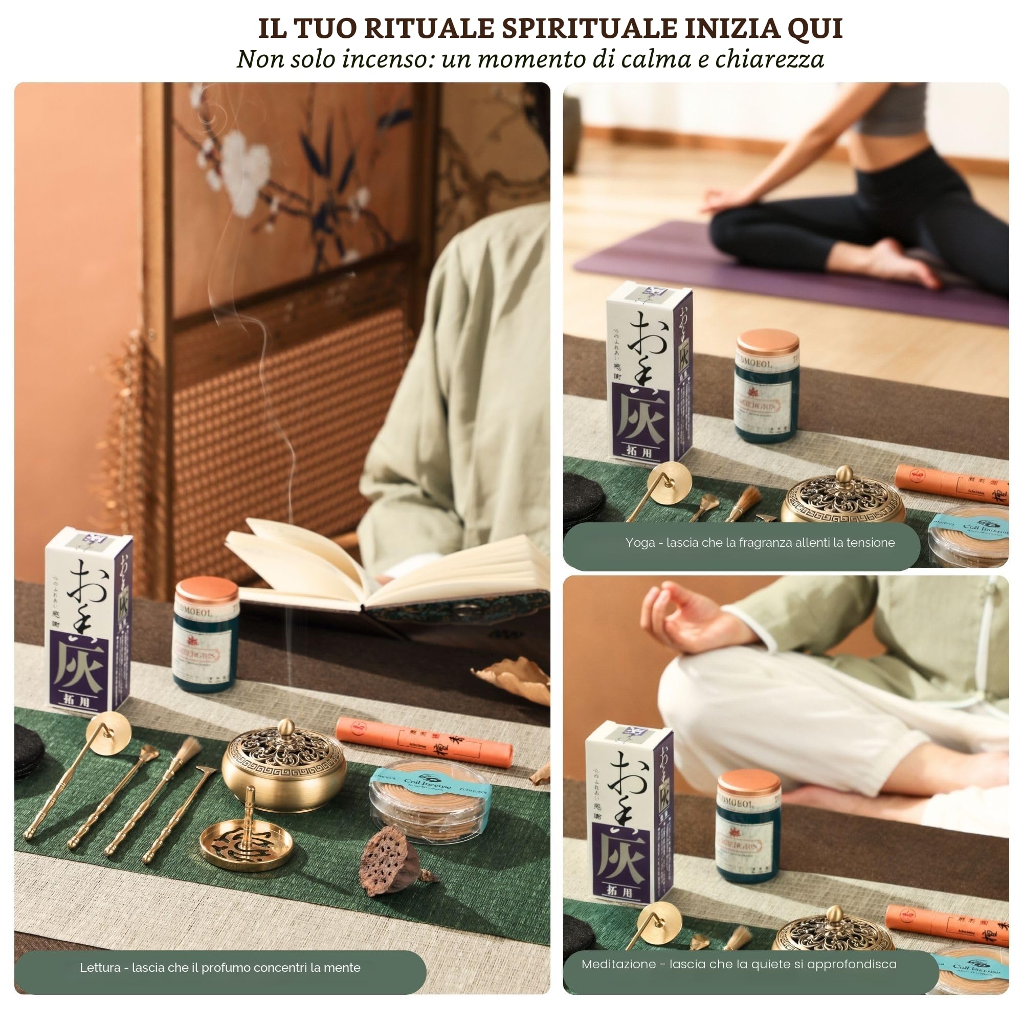 Kit bruciatore di incenso in polvere con incensiere in ottone, strumenti per ceneri di incenso e pressa per stampi, confezione regalo completa per meditazione, yoga e relax a casa