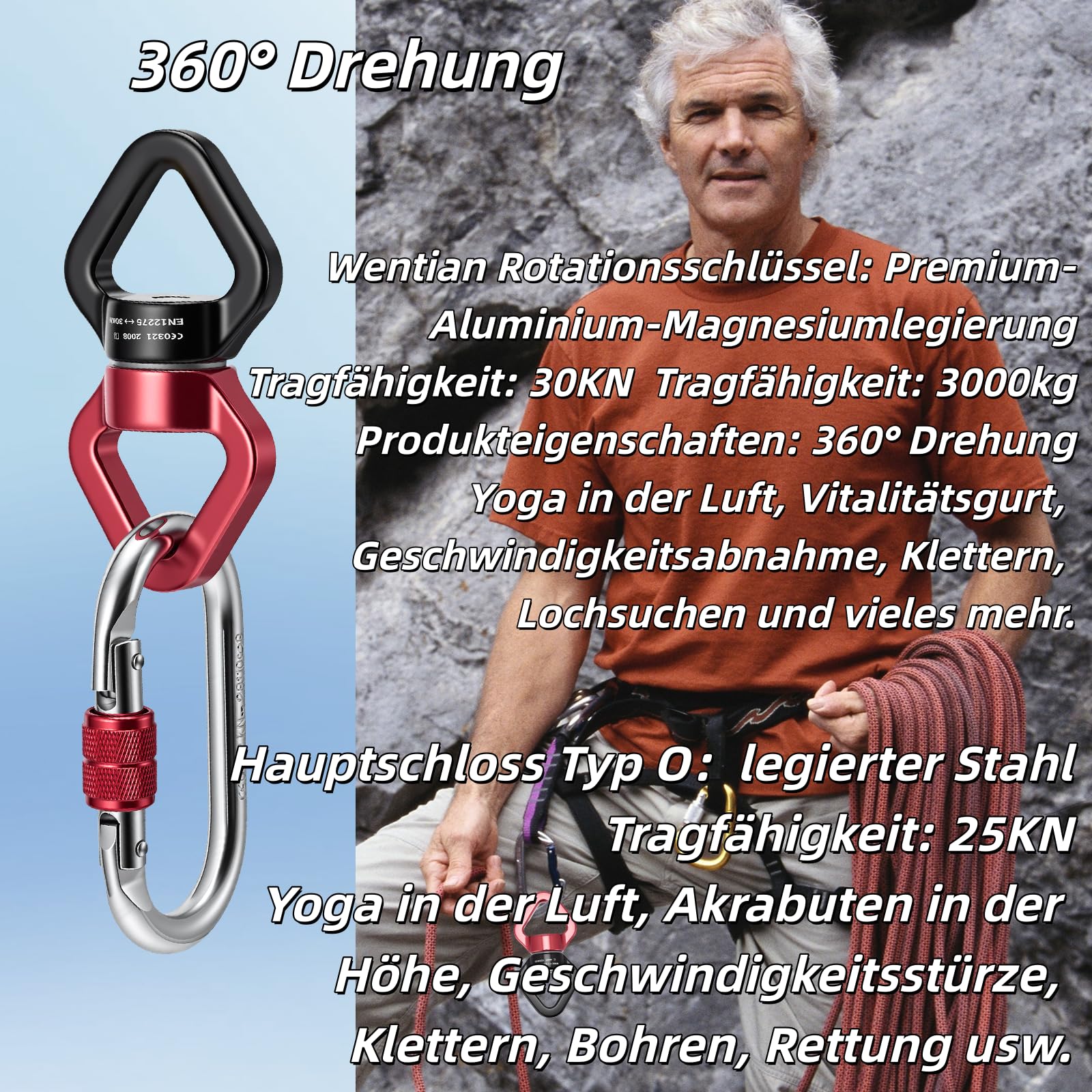 Rotule Pivotante 360° Kit Complet, 30kN Rotule + 50kN Anneau 8 Cornes + 2x25kN Mousquetons, Articulation Pivotante Roulement à Billes pour Soie Aérienne Yoga Escalade Balançoire Hamac, Noir Rouge