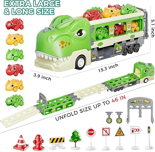 Miniatura 5 de Camión de dinosaurios de juguete para niños de 2, 3, 4, 5, 6, 7 años, pista plegable y modo de carrera de 2 jugadores, transporte de luz y sonido