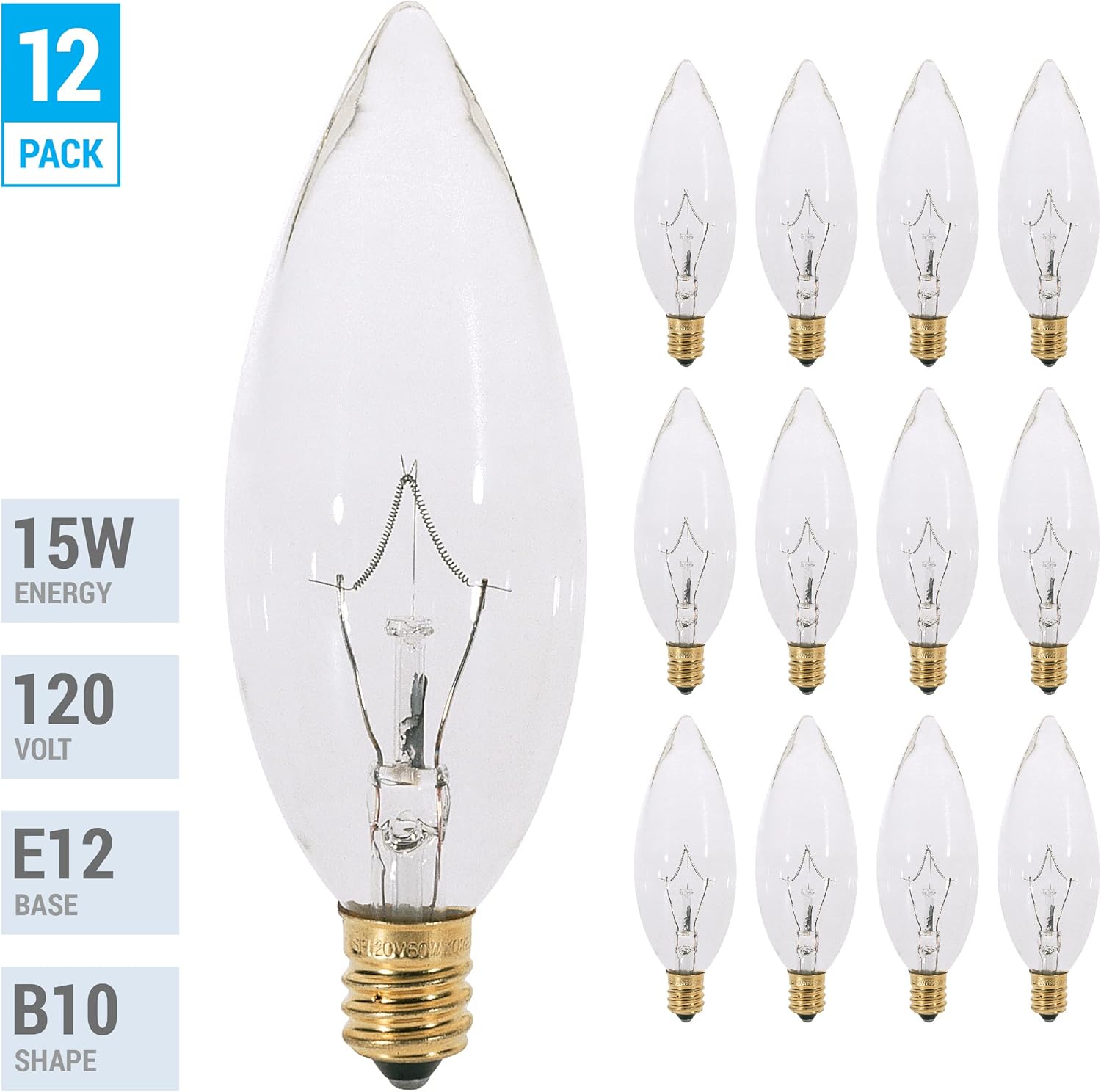 KOR (Pack of 12) 15 Watt CTC Clear Candelabra Base (E12) Straight Torpedo Tip 120V Incandescent Chandelier Light Bulbs …