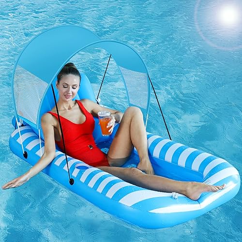 Flotador inflable de piscina para adultos con toldo desmontable y portavasos al aire libre, tumbona de piscina con almohada inflable ajustable para