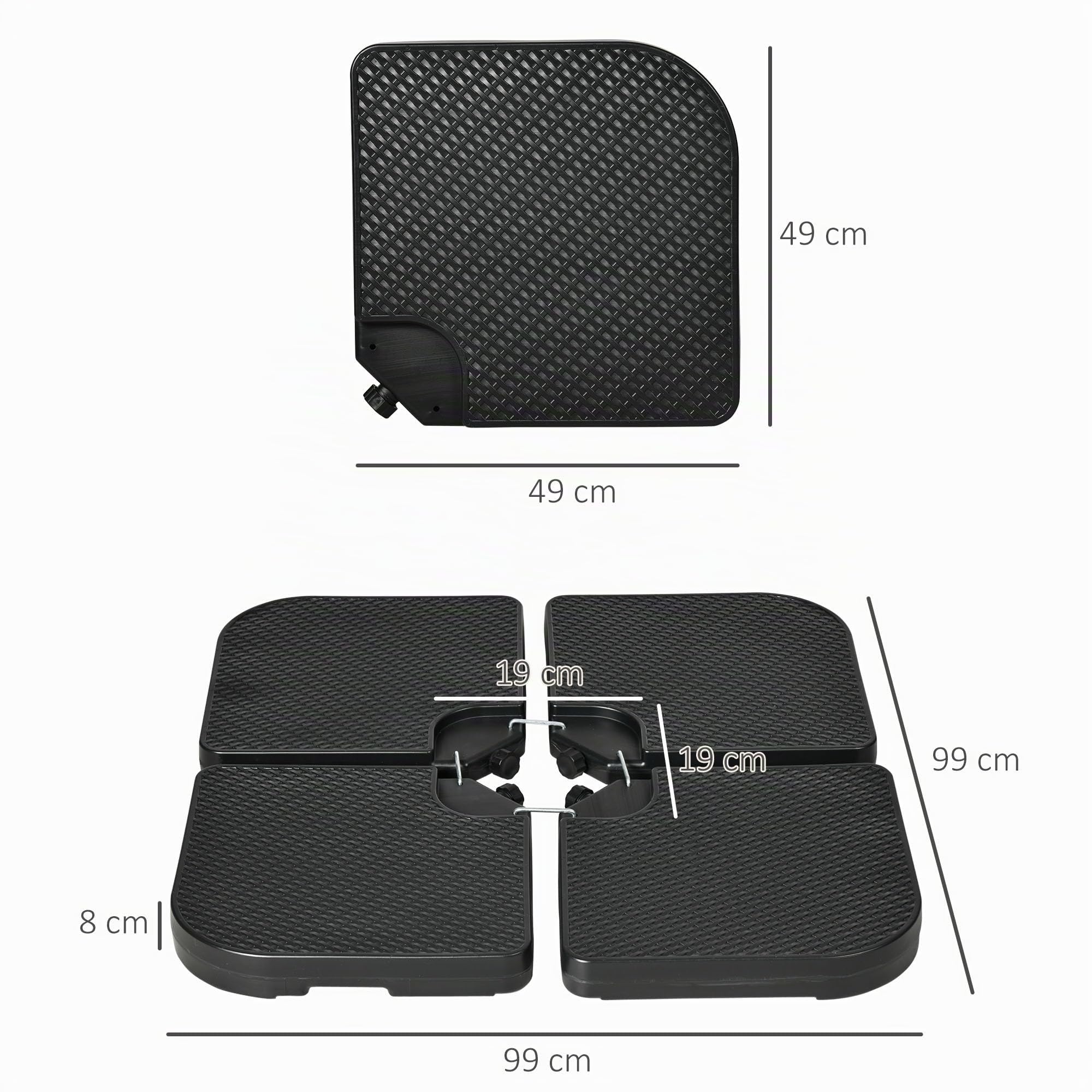 Outsunny Lot de 4 Dalles de lestage pour Parasol déporté - à remplir d'eau ou de Sable jusqu'à 60/80 kg - 99 x 99 x 8 cm Noir