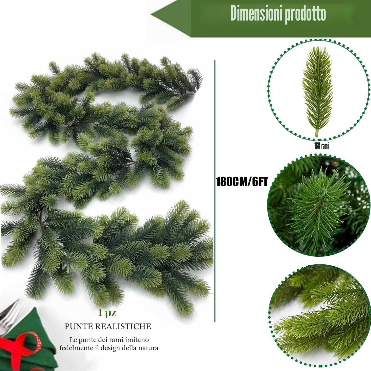 Ghirlanda di Natale Artificiale,5.91FT/1.8M Real Touch Stereo Pine Garland caminetti, per Tavolo, Mantello, Parete, Interni, Decorazioni Natalizie Aall'aperto,Verde