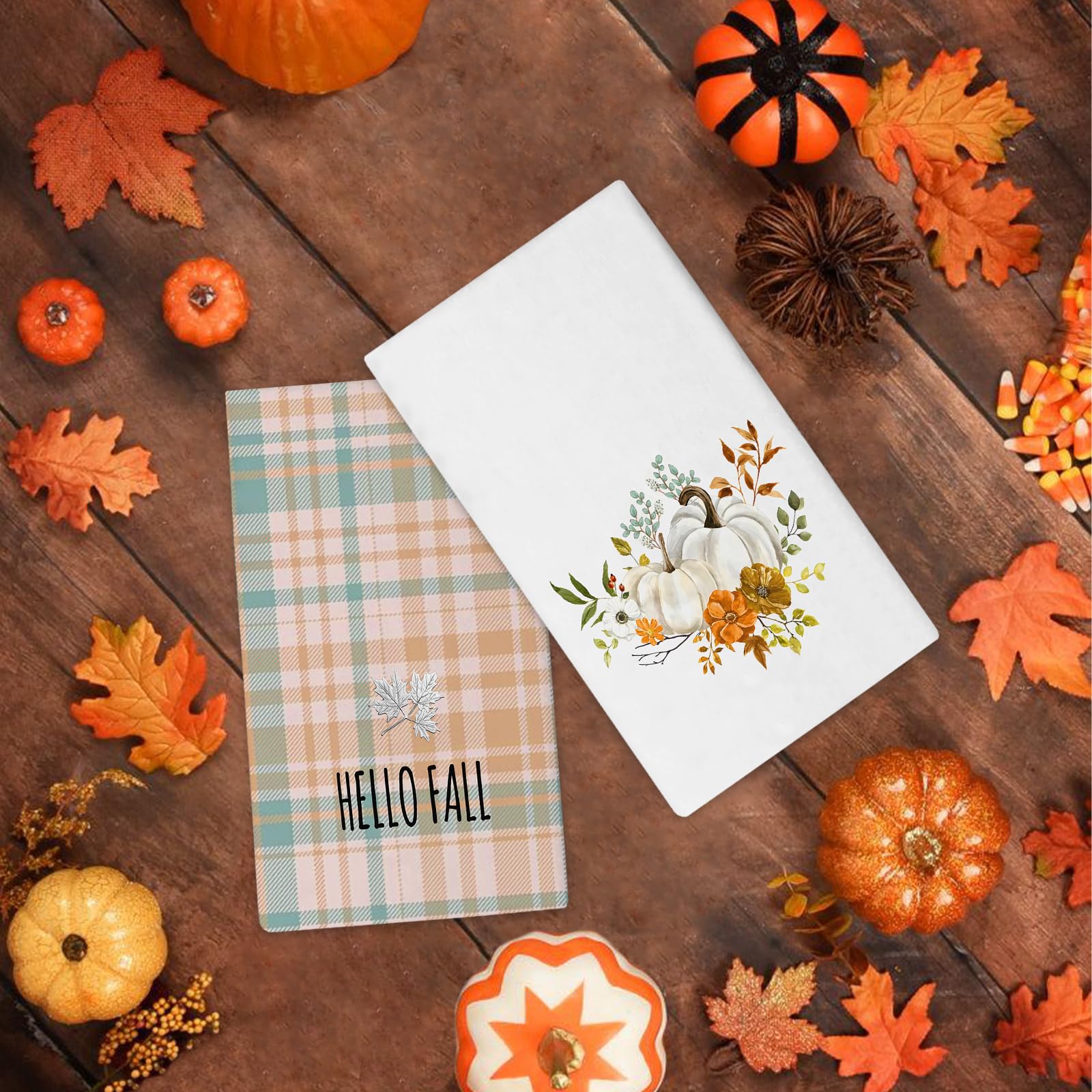 Hello Pumpkin Küchentücher – Herbst-Design Mit Leoparden & Regenbogen | Saugstarkes Mikrofaser-Waffeltuch | 40,6×61 Cm