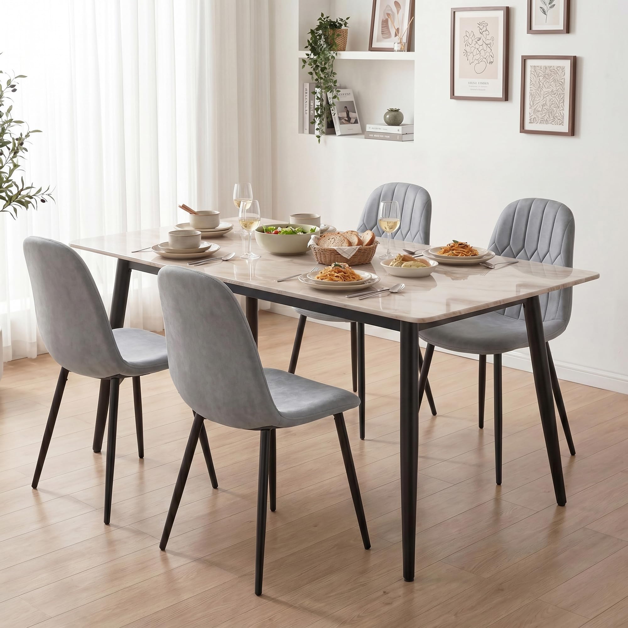APICIZON Set di 4 sedie da pranzo in velluto, imbottite, schienale ergonomico, gambe in metallo, design retrò migliorato, per cucina, sala da pranzo, grigio