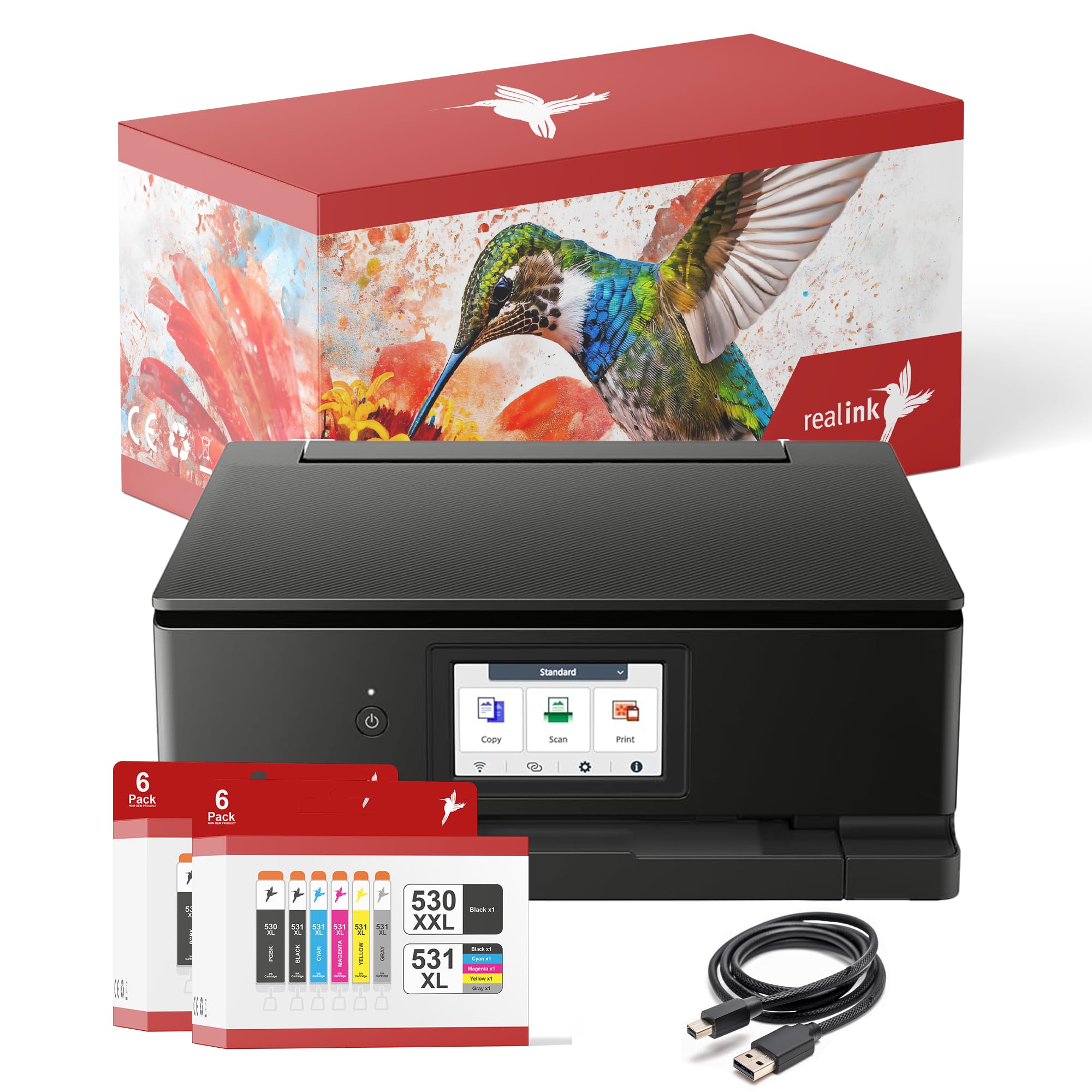 realink Set aus Multifunktionsdrucker TS8750 (Drucker, Scanner, Kopierer) inklusive 12 Druckerpatronen kompatibel für Canon TS8750