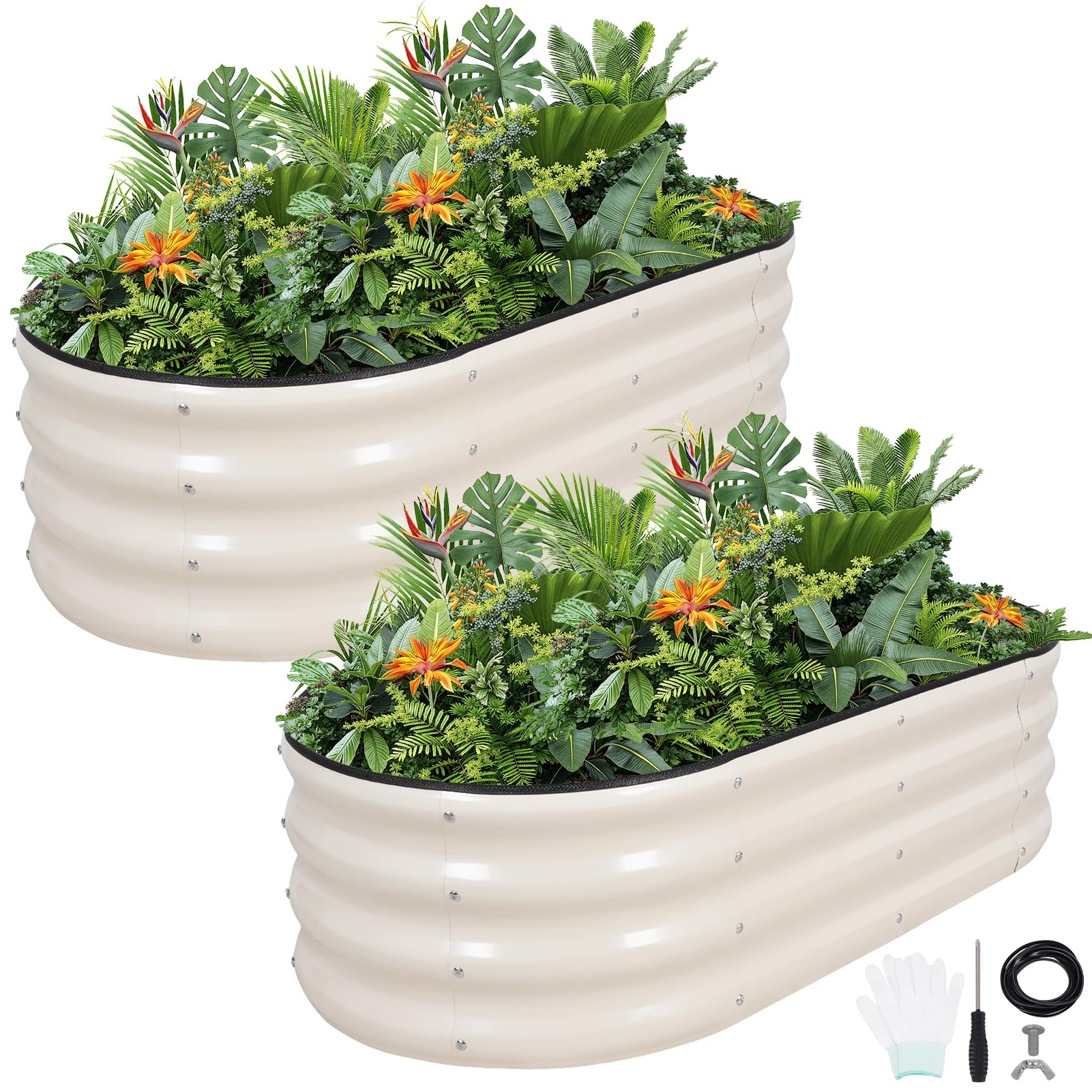 Galvanized Metal Raised Garden Bed Kit - 120x60x30CM Outdoor Planter Box with Safety Edging and Gloves for Vegetables, Fruits, Flowers.White-2Pack