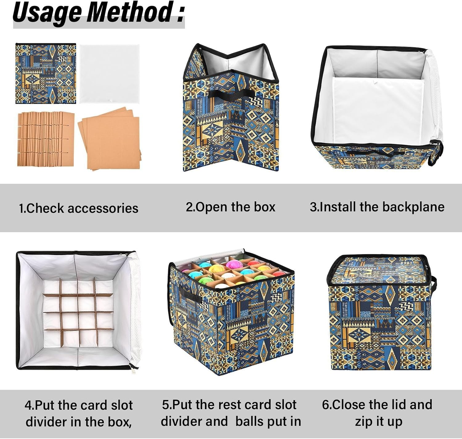 High Capacity Christmas Ornament Storage Box Holds Up to 64, Adjustable Dividers, Zippered Top, Two Handles stackable Holiday Storage Case with Lid,Boho Gold Blue Vintage Texture