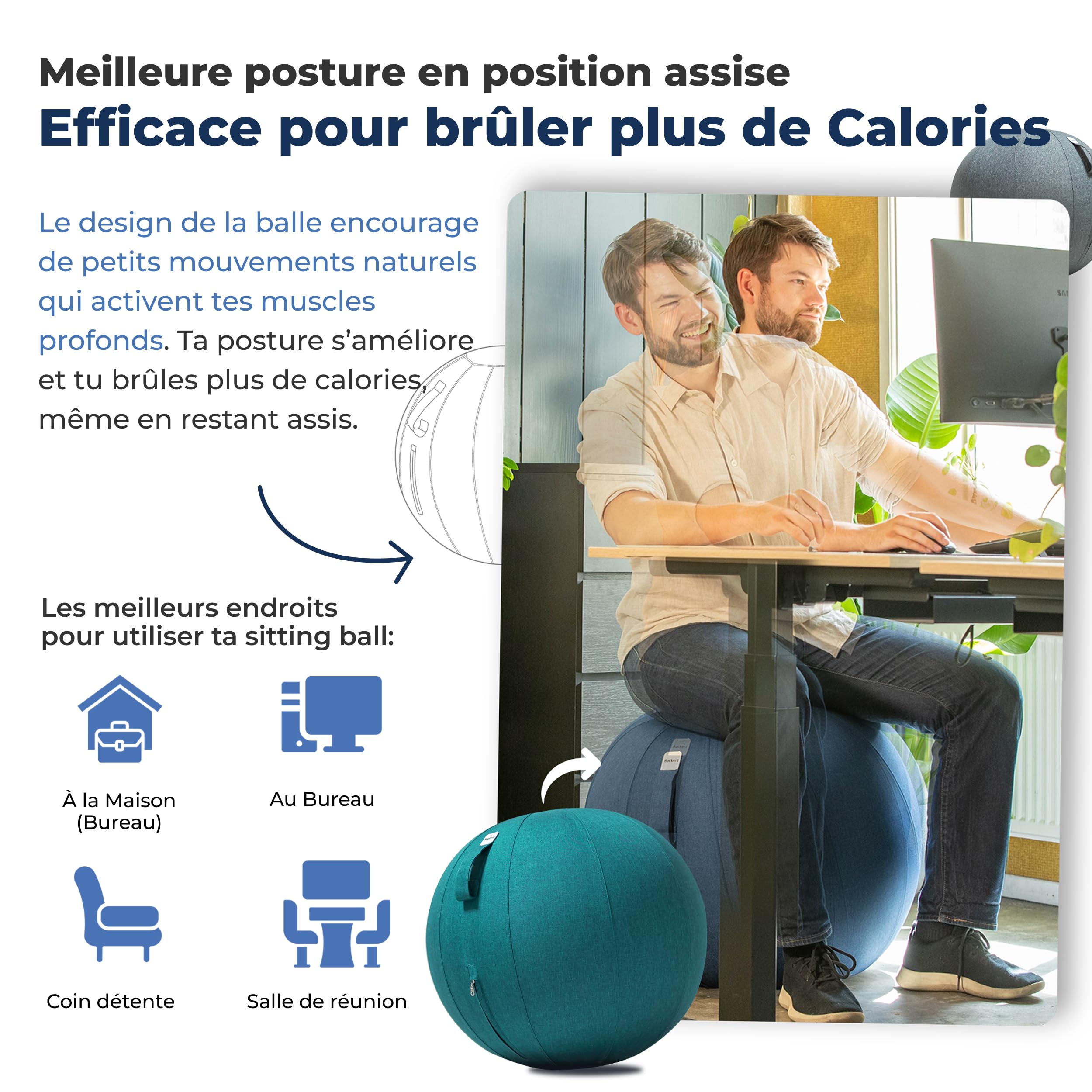 Ballon Ergonomique Bureau 55CM 65CM 75CM Capacité 110kg Housse Lin Lavable Bonne Posture