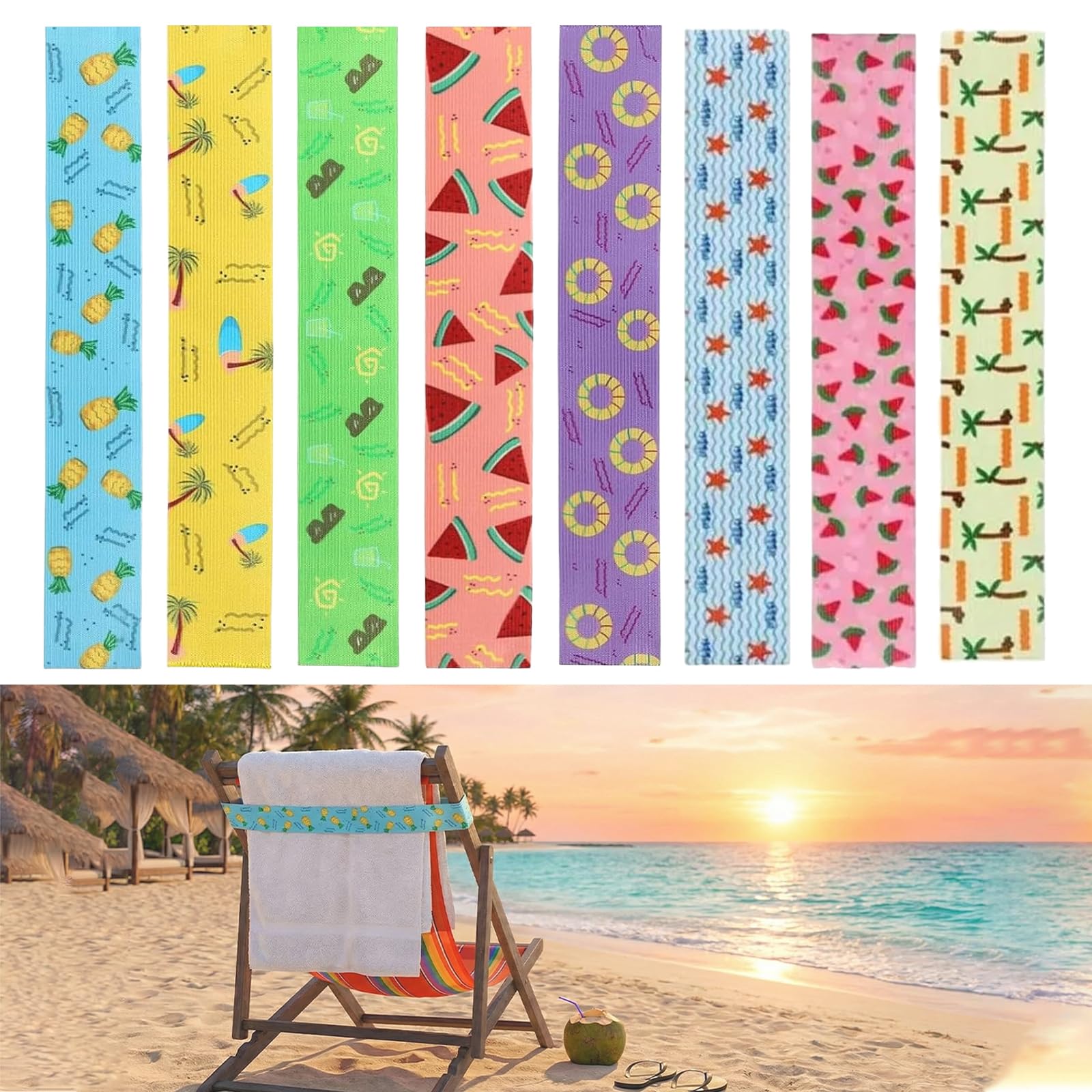Azoisuwr Multicoloured 8 Pcs Beach Towel Bands For Sun Loungers,Elastic Sunbed Towel Bands,Windproof,Non-Slip Holders Beach Pool Cruise Use (8 Styles,40×5Cm)