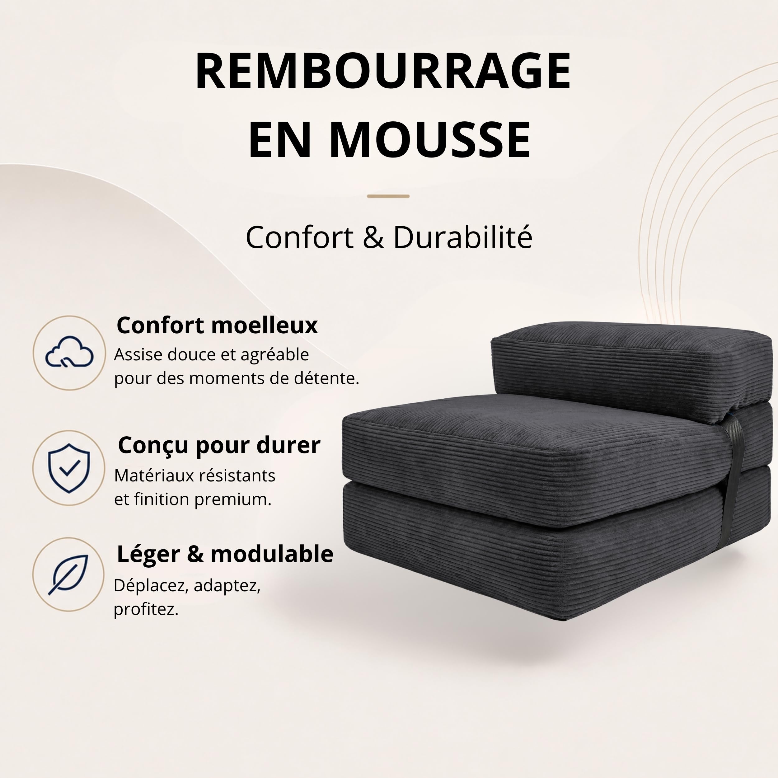 bananair - Chauffeuse 1 Place Adulte Convertible - Matelas d'Appoint Déhoussable en Velours Côtelé - Canapé Lit, Futon Pliable Pratique & Confortable, Rembourré en Mousse (70 x 190 cm, Gris Foncé)