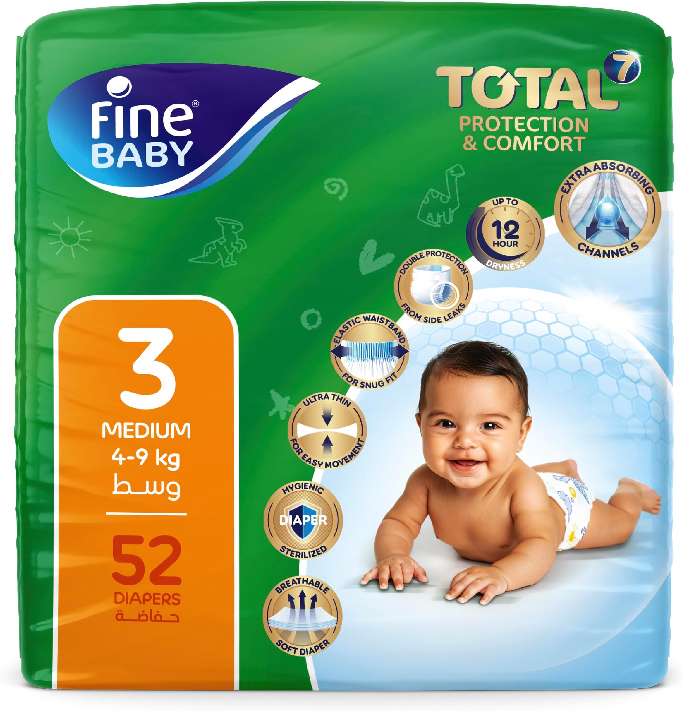 Fine Baby Double Lock, Size 3, Medium, 4-9 Kg, Jumbo Pack, 52 Diapers