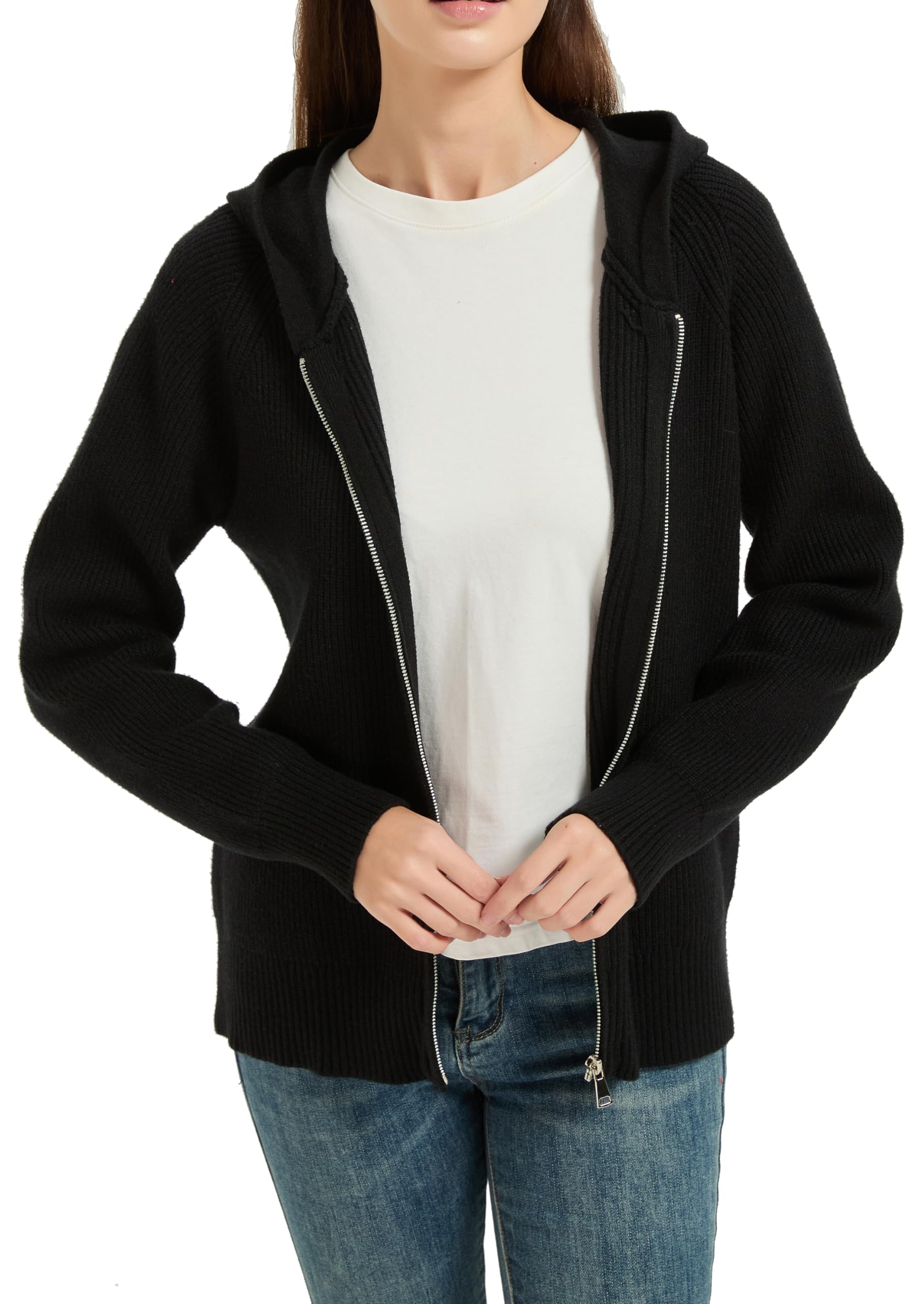 Tronjori Womens Zip up Hooded Cardigan Knitted Hoodies Raglan Sleeve Sweaters Jacket Outerwear Fall Winter