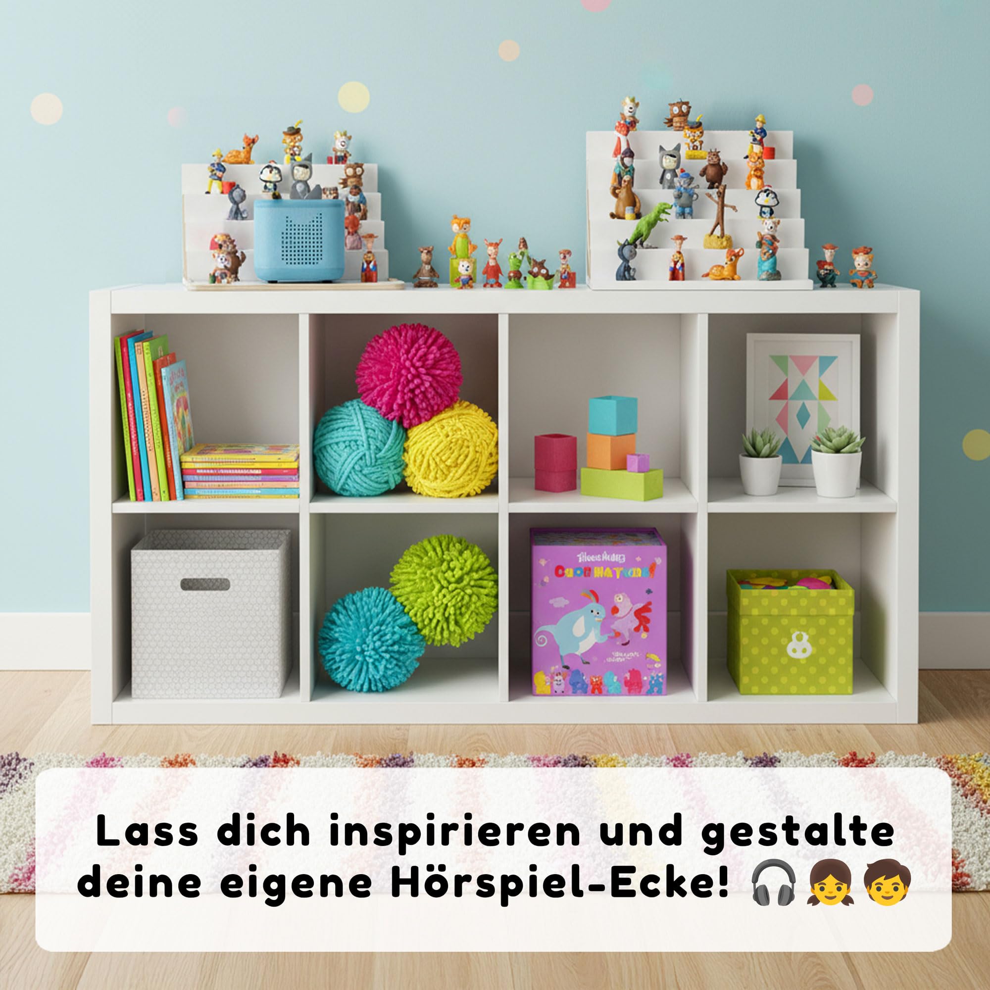 stadtecken® Magnetisches Regal für Musikbox-Figuren – Passend für Kallax und mehr | Optional mit Platz für Toniebox | Geeignet für ca. 40 Figuren | Weiß (BoxPlus)