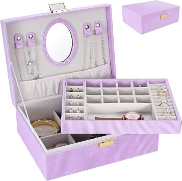 Dajasan Girls Jewelry Box, Jewelry Organizer Box with Mirror, Velvet Jewelry Box for Little Girls Kids, Jewelry Gift Box for Christmas, Birthday, New Year Purple